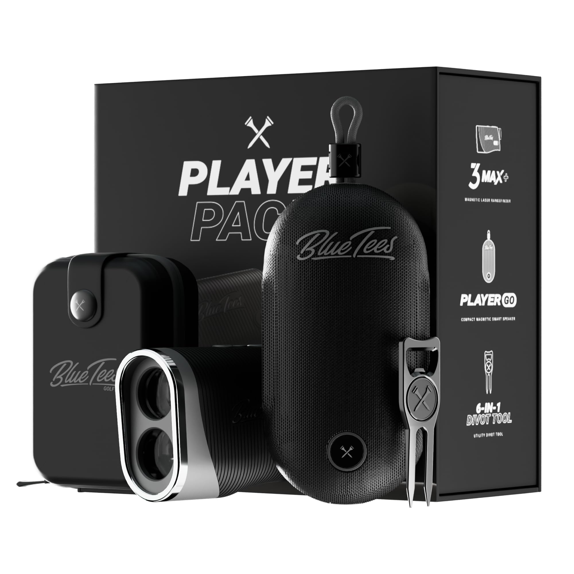 Blue Tees Golf Player Pack Go Bundle   Series 3 Max+ Rangefinder With Premium Case, The Player Go Gps Equipped Magnetic Speaker & Premium 6 In 1 Utility Divot Tool   The Complete Golf Bundle