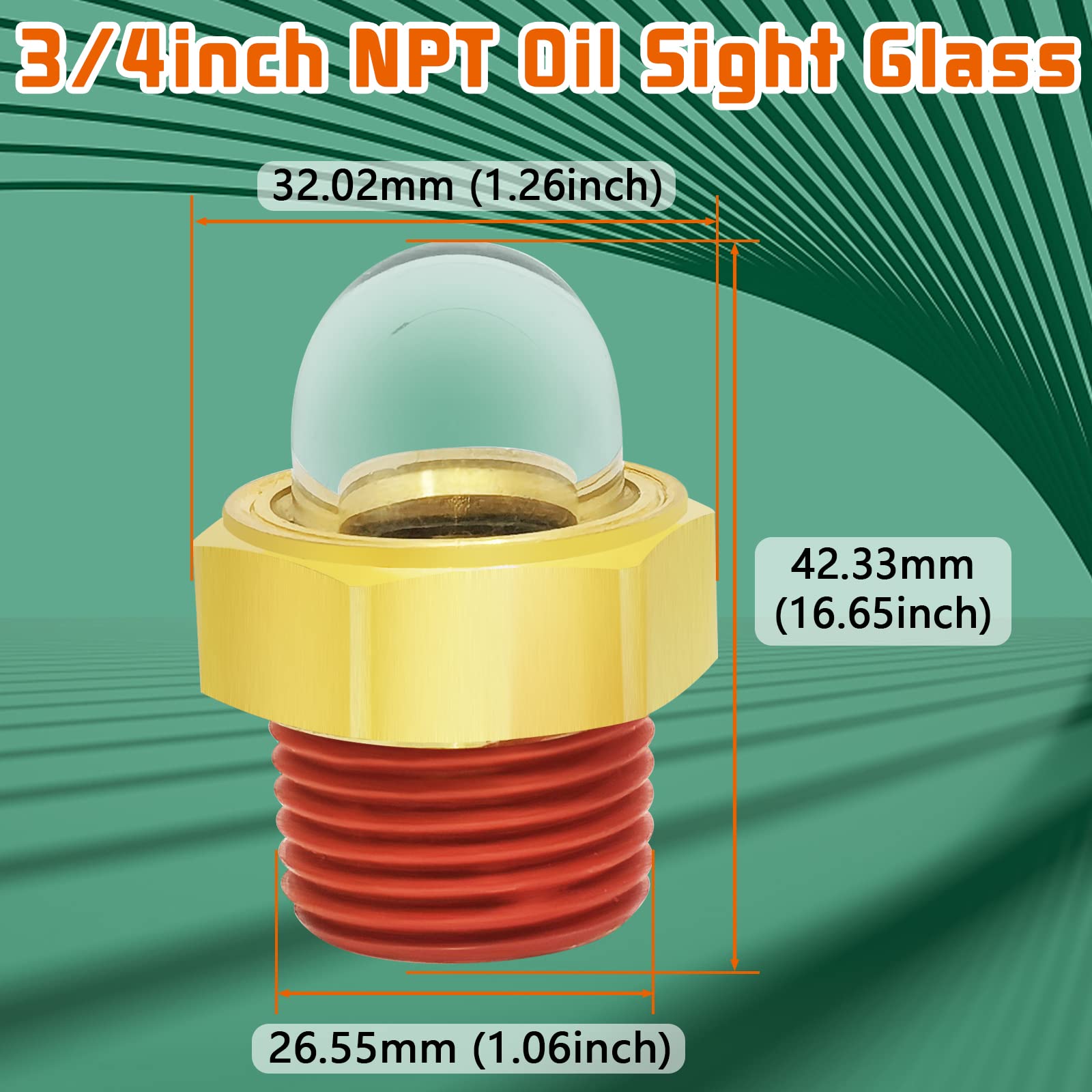 Domed Oil Sight Glass, 3/4'' Npt Hex Head Oil Sight Glass, Brass Bulls Eye Sight Glass Liquid Level Gauge Oil Indicator Window F