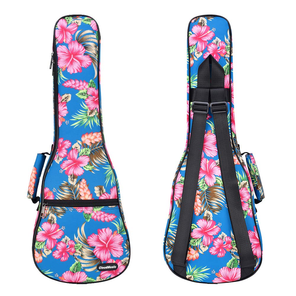 Cloudmusic Ukulele Case Gig Bag Padded Backpack For Concert 23'' Inch(Concert, Hawaii Hibiscus And Palm In Light Blue)