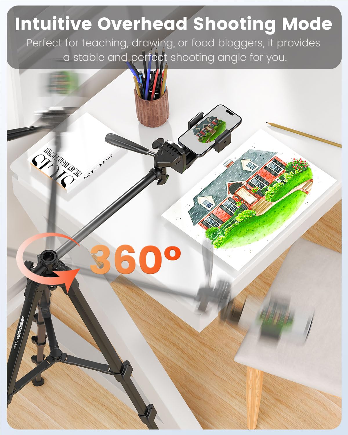 Cambofoto 73'' Phone Tripod With Horizontal Overhead, Selfie Stick/Tall Travel Tripod Stand With Wireless Remote And Iphone Hold