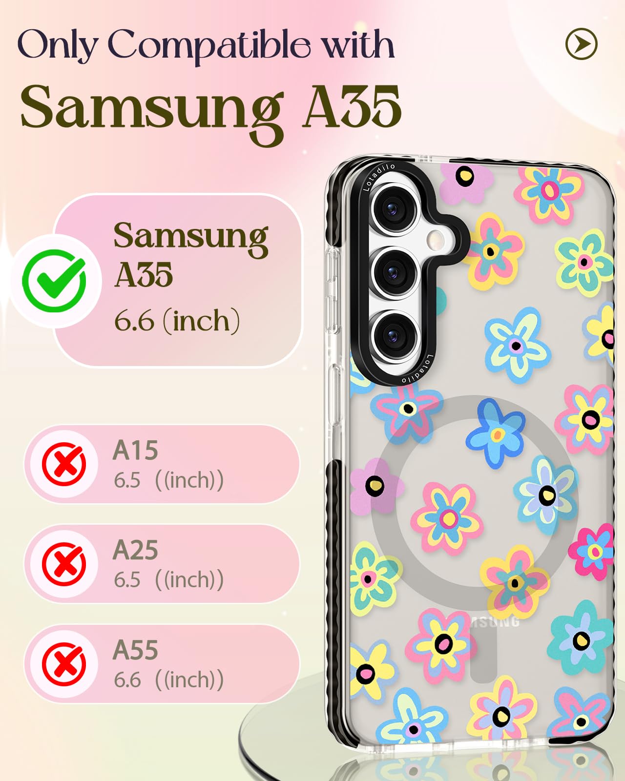 Lotadilo For Samsung Galaxy A35 5G Case For Women - Girls Cute Design Compatible With Magsafe Magnetic Ring Holder Stand Spring