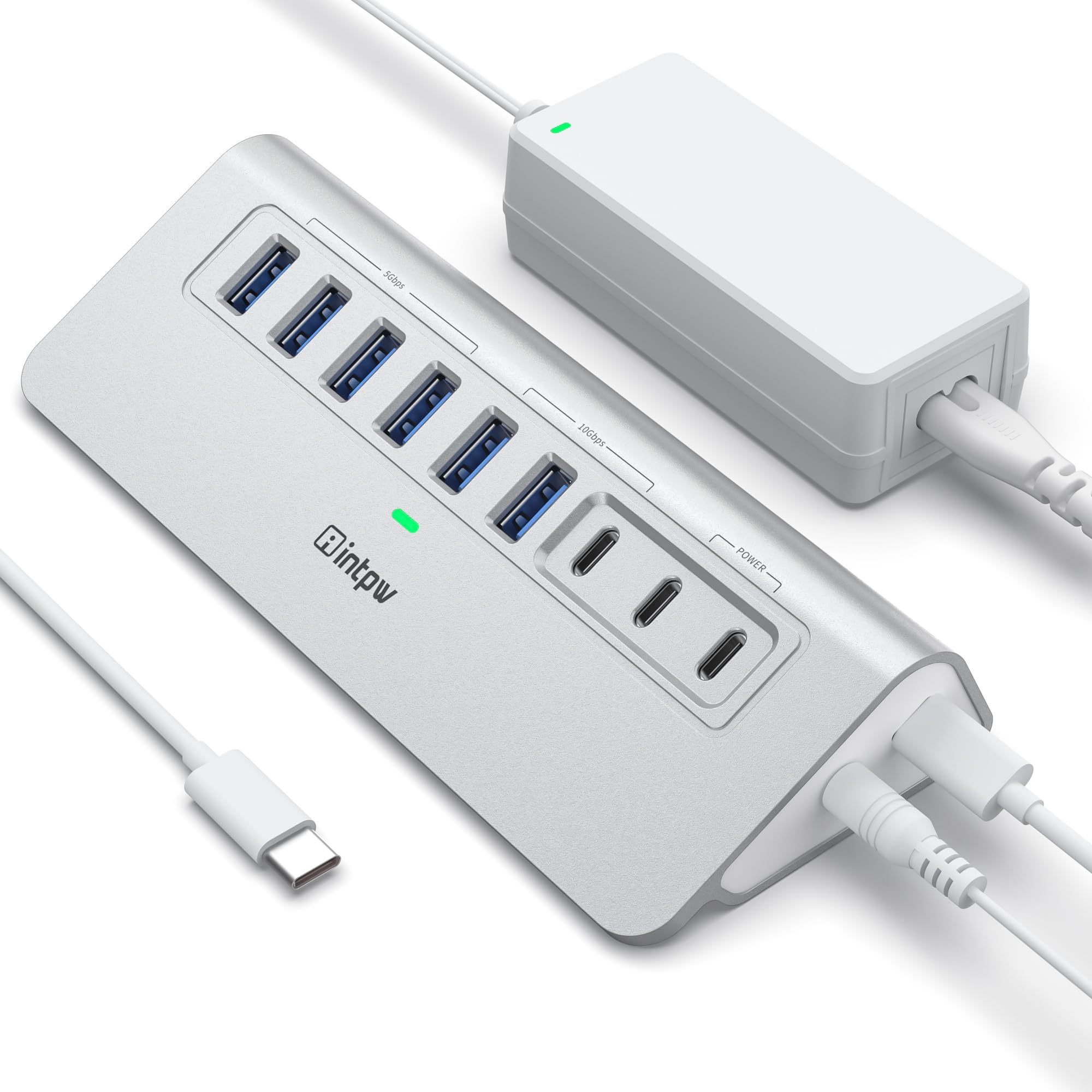 Powered USB Hub 10Gbps, intpw 9-Port USB 3.2 Hub, USB C Hub with USB A/USB C 3.2, 4 USB 3.0, 2 PD 45W Charging Ports, 65W Power