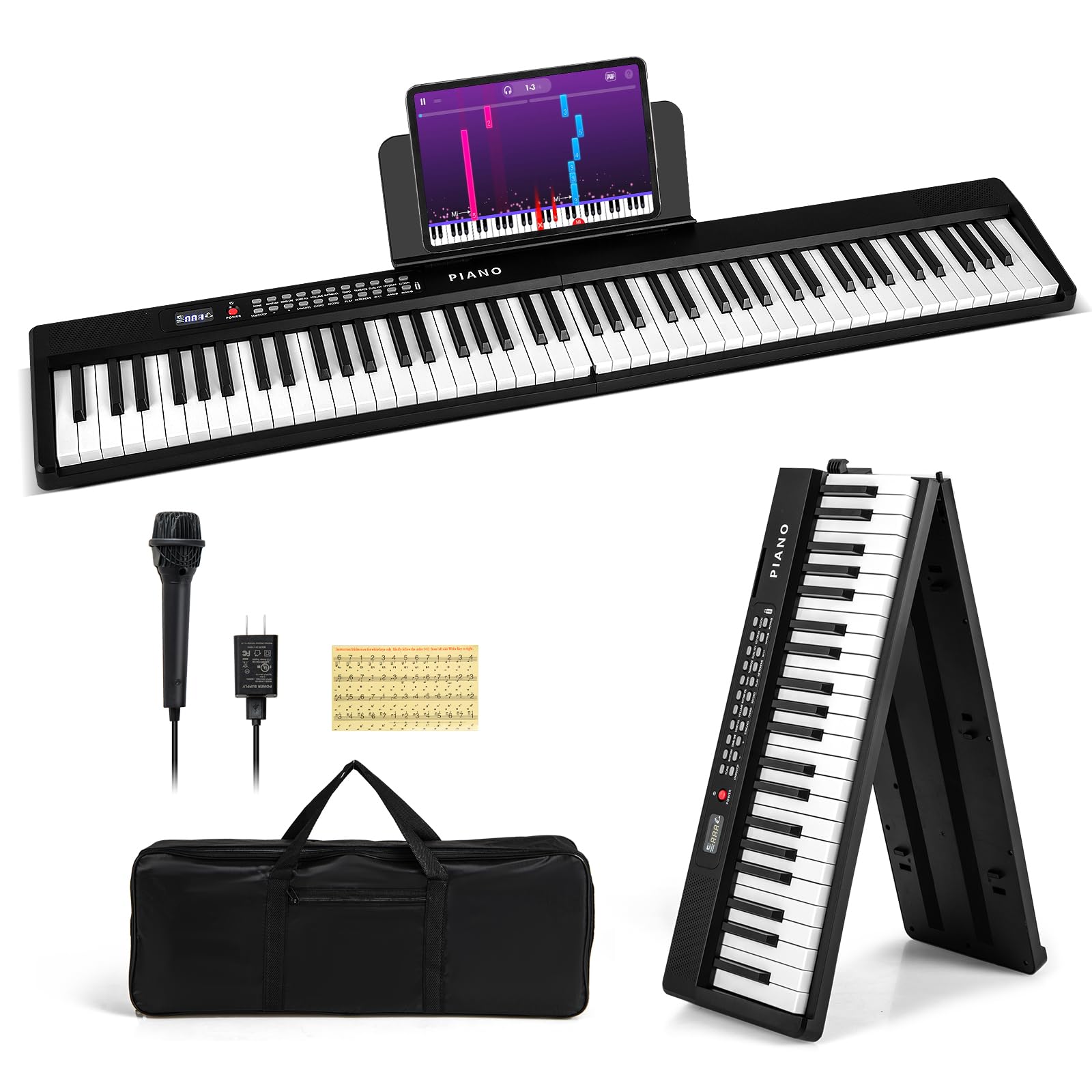 Costzon 88-Key Folding Piano Keyboard, Full-Size Semi-Weighted Electric Piano Digital Piano w/MIDI, Microphone, Music Stand & Ca