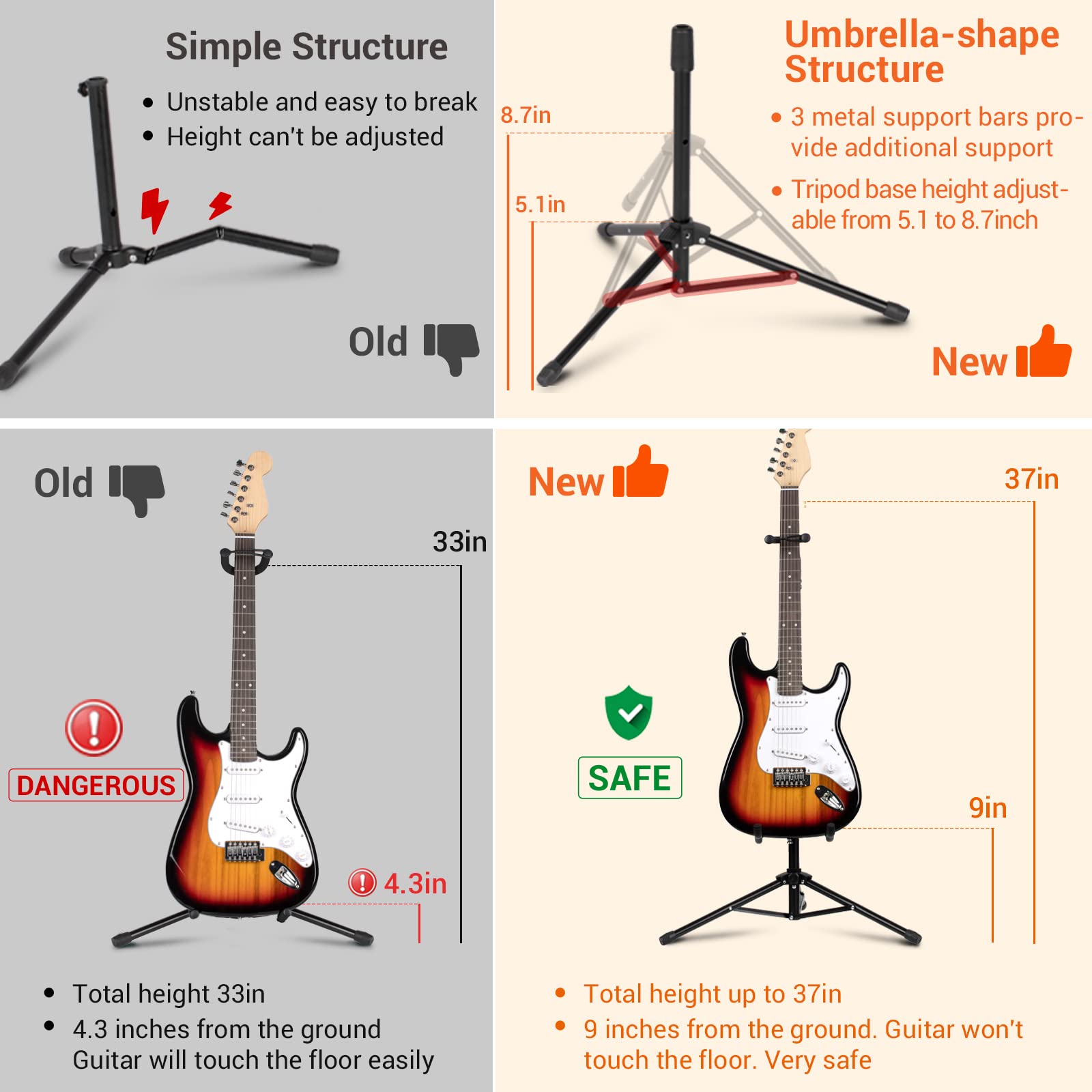 Cahaya Guitar Stand Floor - Folding Universal Guitar Holder For Acoustic Electric Guitars Bass Guitar Adjust Height From 30.7 To