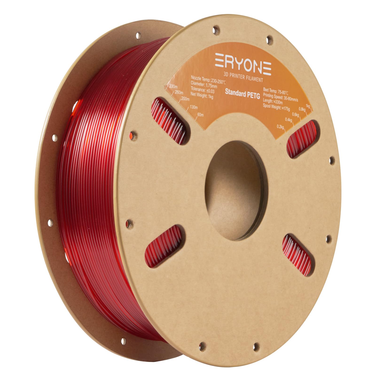 Eryone Petg Filament For 3D Printer, 1.75Mm +/ 0.03Mm, 1Kg(2.2Lbs)/Spool, Transparent Red