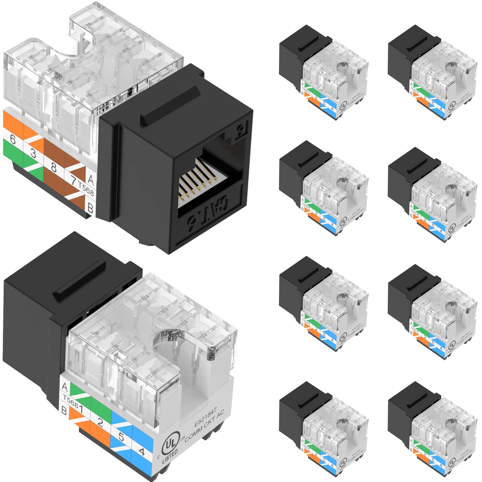 Vcelink Cat6 Rj45 Keystone Jack Ul Listed 10 Pack, Slim Profile Ethernet Cat5E Cat5 Punch Down Jacks, Utp, 90 Degree (Black)
