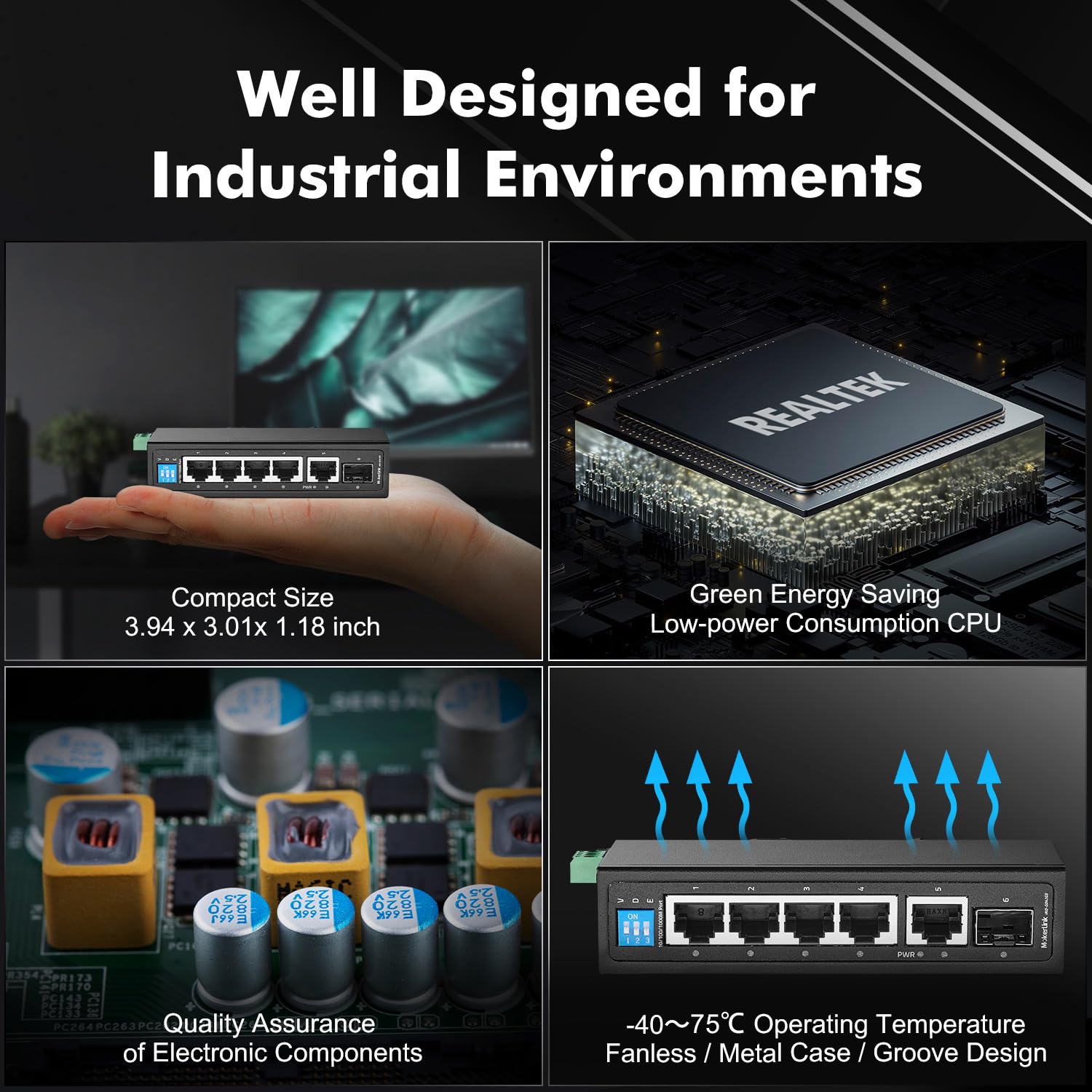 Mokerlink 6 Port Industrial Din Rail Gigabit Switch, 4 X 100/1000Mbps Ports And 1 Gigabit Uplink, 1 Gigabit Sfp, Metal Din Rail