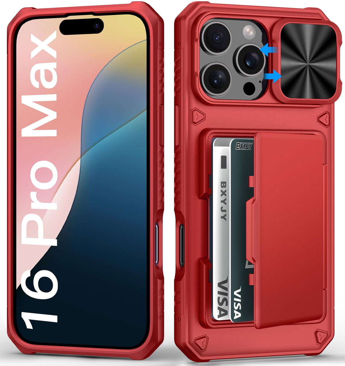 Bxyjy For Iphone 16 Pro Max Phone Case Wallet, Built In Card Holder (4 5 Cards), Slide Camera Cover, Military Grade Protection,