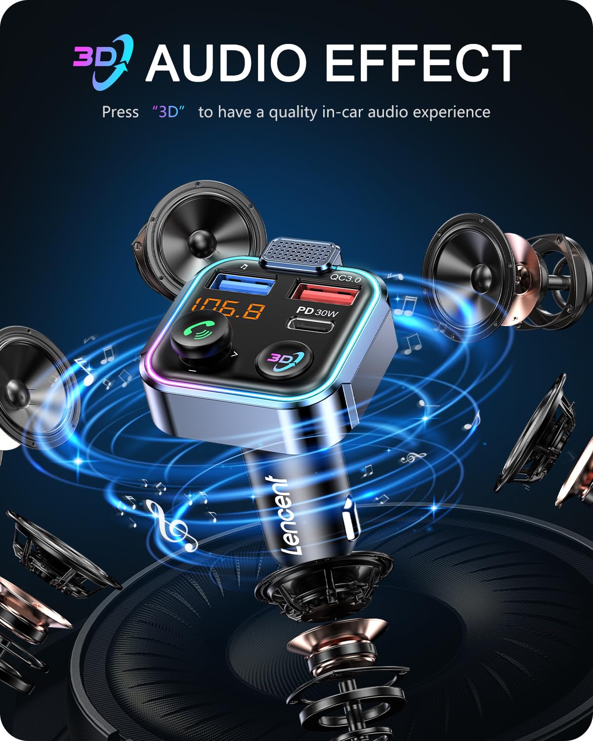 Lencent Bluetooth 5.3 Fm Transmitter, Wireless Radio Adapter Car Kit With Type C Pd 30W+ Qc3.0 Fast Usb Charger, Hands Free Call