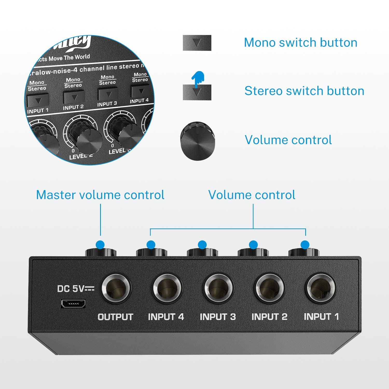 Moukey Mini Audio Mixer Line Mixer, Dc 5V, 4 Stereo Ultra, Low Noise 4 Channel For Sub Mixing, For Small Clubs Or Bars, As Guita