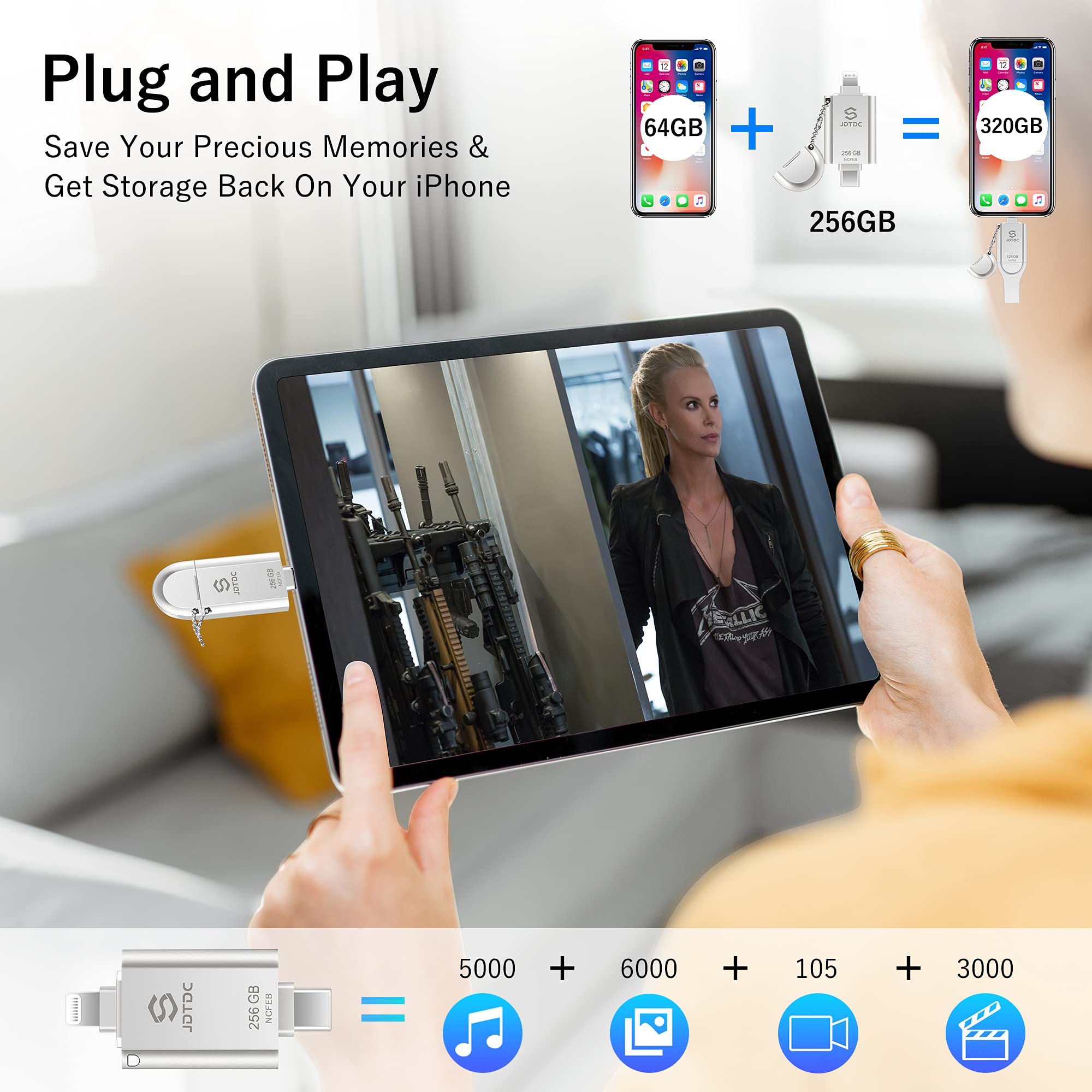 JSL JDTDC iPhone Flash Drive 256GB - MFi Certified, Secure Encrypted, Silver, Model JD006, External Storage for Photos & Files