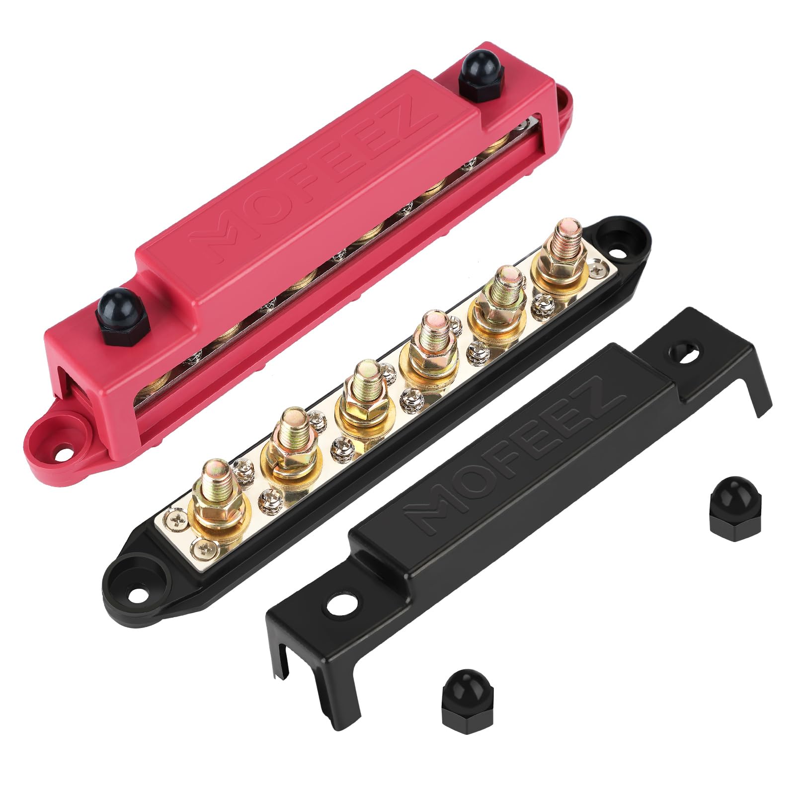 Mofeez Power Distribution Block Bus Bar, 6 X 3/8' Posts, 10 X #8 Screws Terminals, Max 48V 250A (Pair, Red & Black)