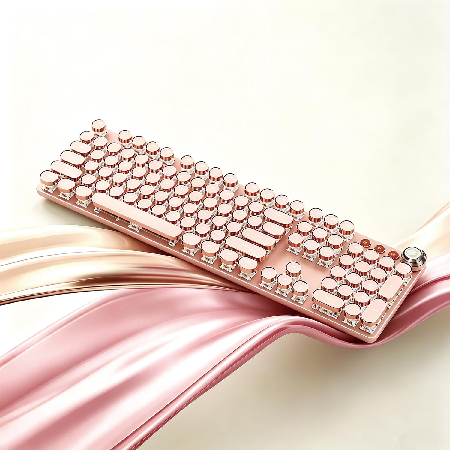 Hnjugfe Pink 104 Keys Retro Typewriter Keyboard, Wired USB Keyboard with Round Keycaps & LED Backlit, Aesthetic Keyboard for Off