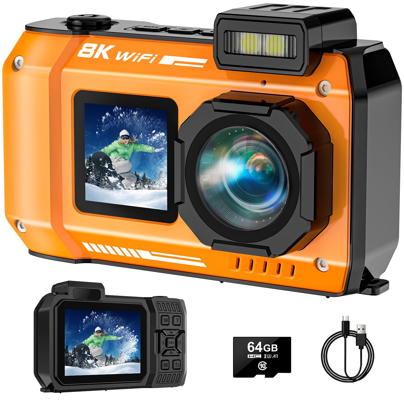 SPUNALP UHD 8K Underwater Camera, 70MP 33FT WiFi Waterproof Digital Camera with 64GB Card, Auto Focus Waterproof Dual-Screen Sel