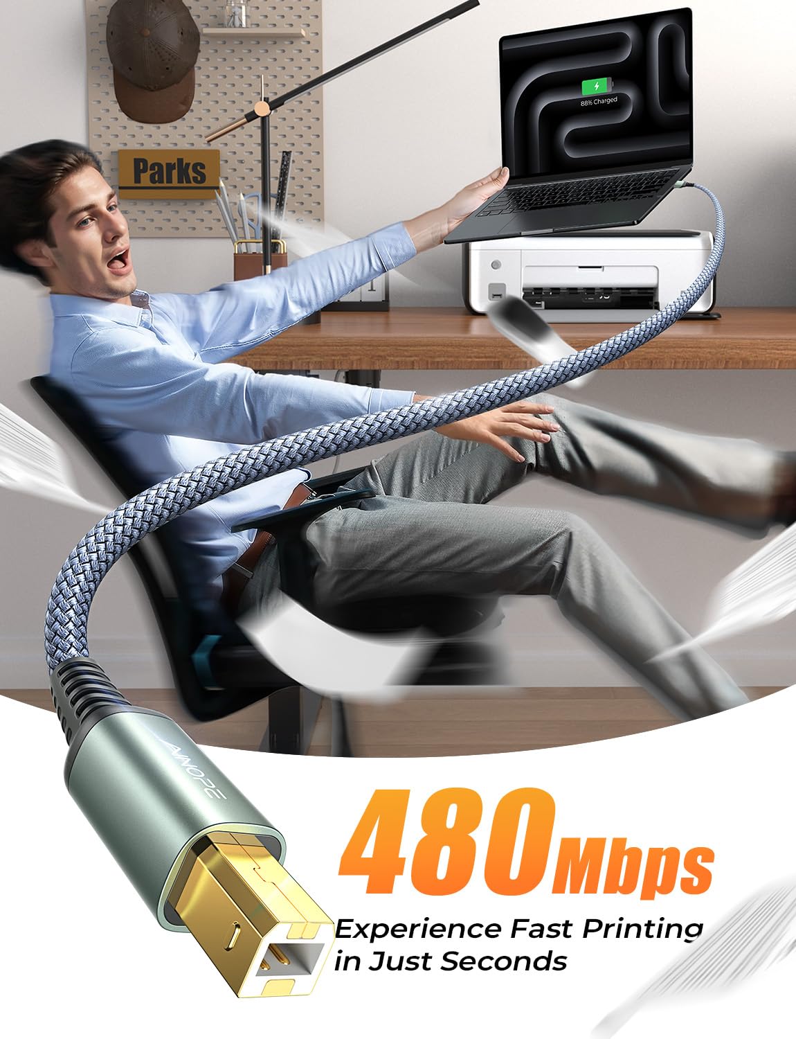 Ainope Printer Cable Usb A To Usb B Printer Cable High Speed Nylon Braided Usb 2.0 Midi Cable For Hp Canon Brother Dell Epson Le