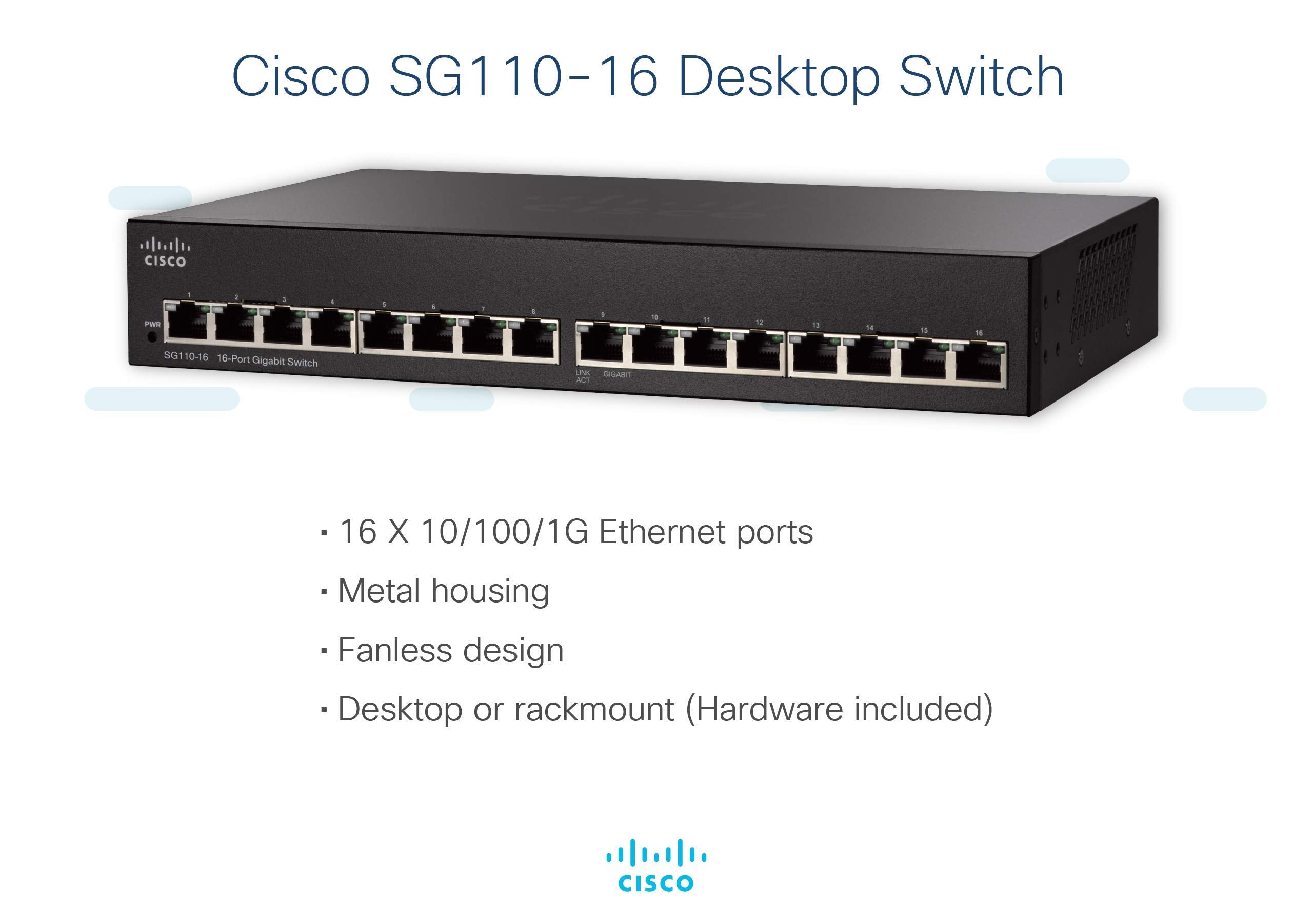 Cisco Small Business 110 Unmanaged L2 Gigabit Ethernet (10/100/1000) Black 16X Rj 45, 32 Gbps, 23.8 Mpps, 8000 Entries, 110 240V