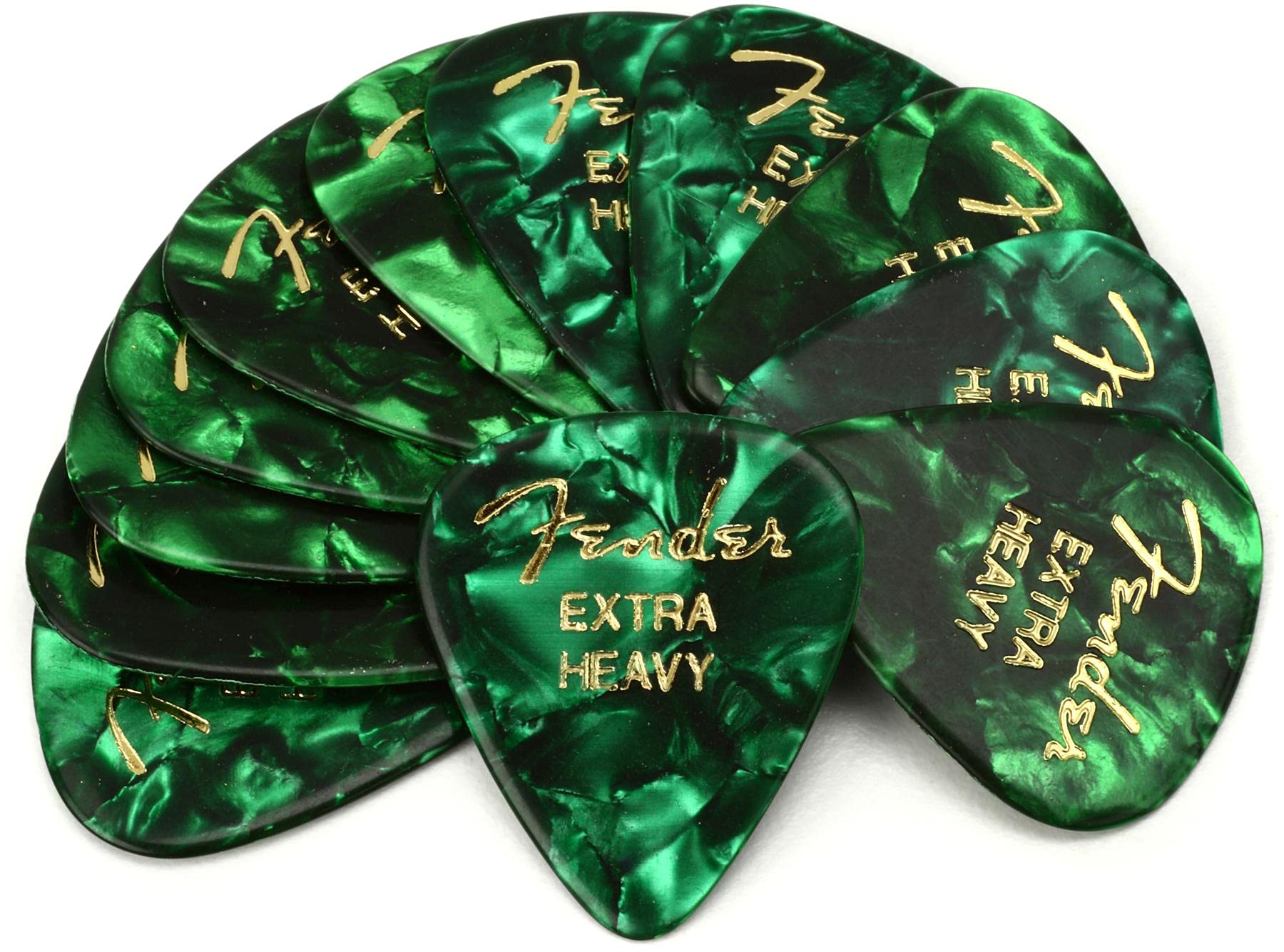 Fender Premium Celluloid Guitar Picks 351 Shape, Green Moto, Extra Heavy, 12 Pack