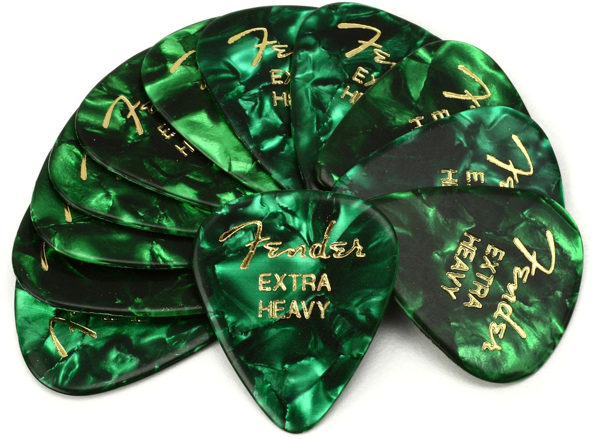 Fender Premium Celluloid Guitar Picks 351 Shape, Green Moto, Extra Heavy, 12 Pack