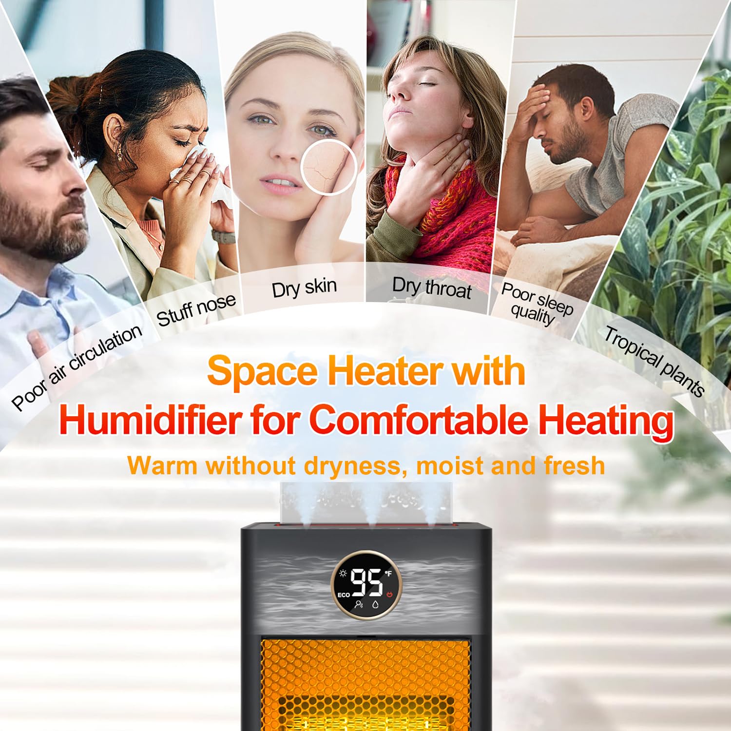 Space Heater With Humidifier, 3 In 1 Space Heaters For Indoor Use With Motion Sensor/3D Flame Effect,1500W Portable Heater For O