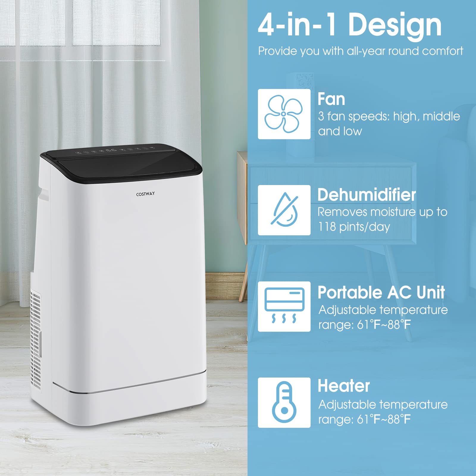 Costway 15000 Btu Portable Air Conditioner, With Heat, Auto Swing 4 In 1 Ac Unit For Rooms Up To 800 Sq.Ft, With Built In Dehumidifier, 24H Timer, Remote Control/App Control & Window Kit