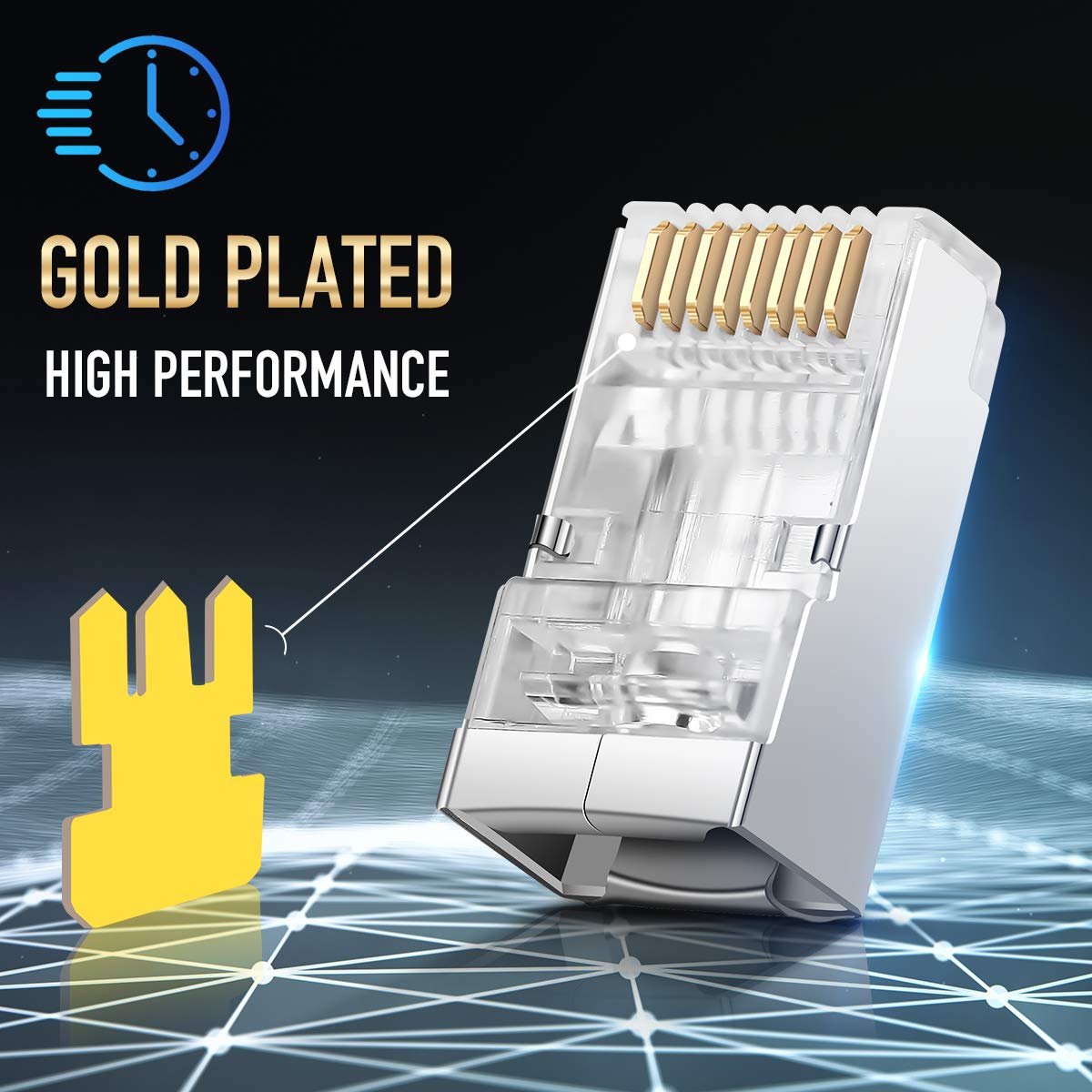 Jodroad Shielded Rj45 Cat5 Cat6 Pass Through Connectors   Pass Through Modular Plugs Gold Plated 3 Prong 8P8C Ethernet Ends For