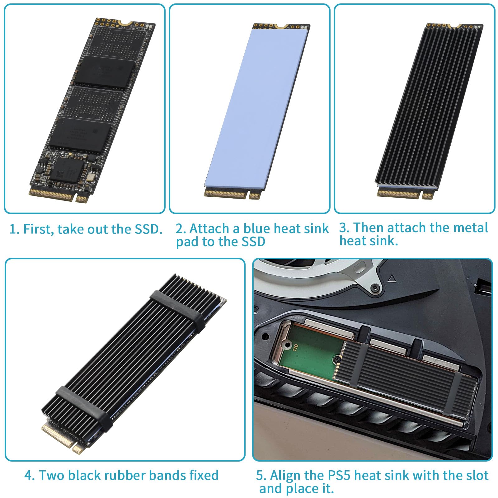 Eluteng M.2 Ssd Heatsink 4Pcs 2280 Ssd Heat Sink With Nvme Ssd Thermal Pad Nvme Heat Sink With 8 Black Rubber Straps For Pc/Ps5
