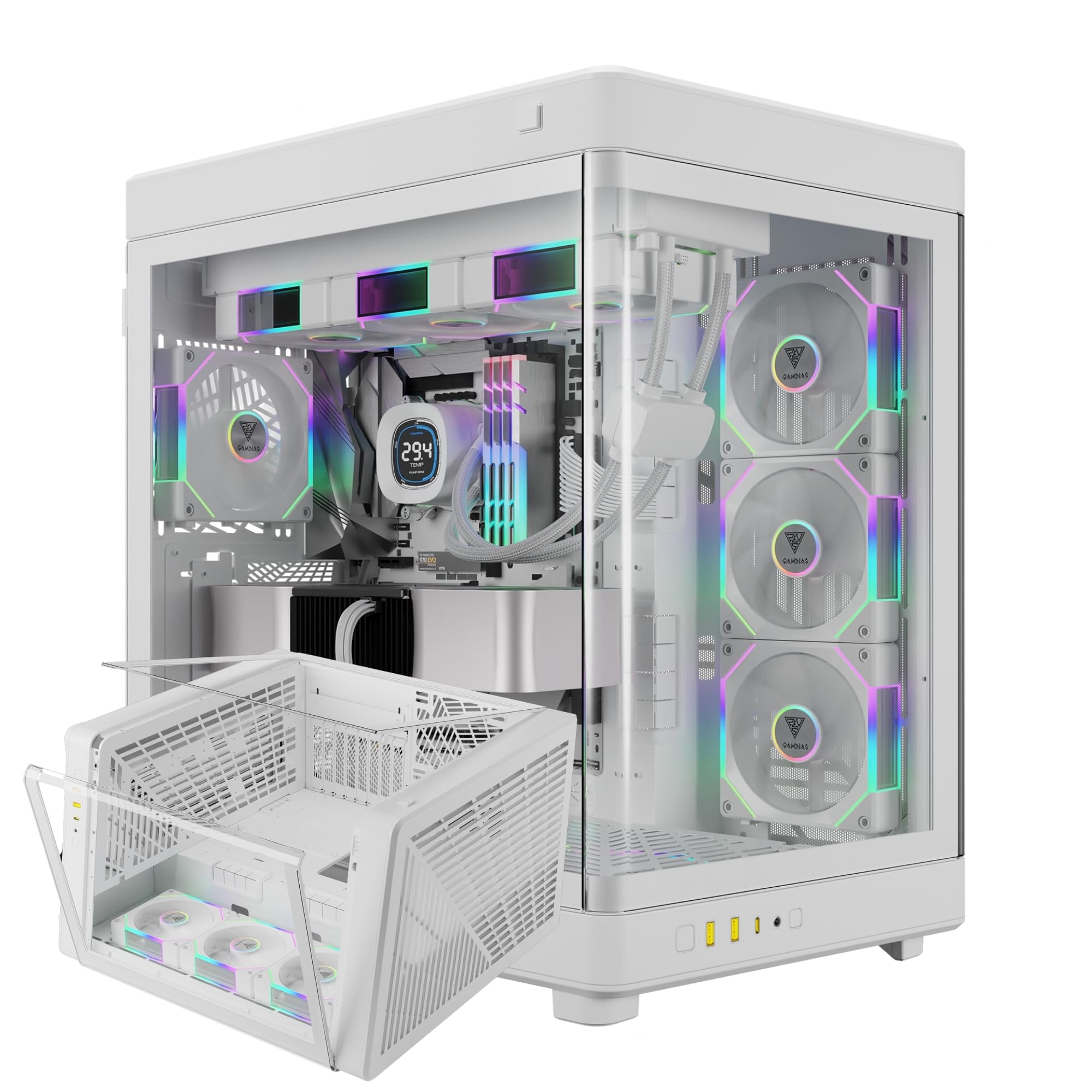 Gamdias RGB White Tempered Glass Gaming Case, 2-Way Standing for Vertical & Horizontal Orientation & One-Touch Open Computer Cas