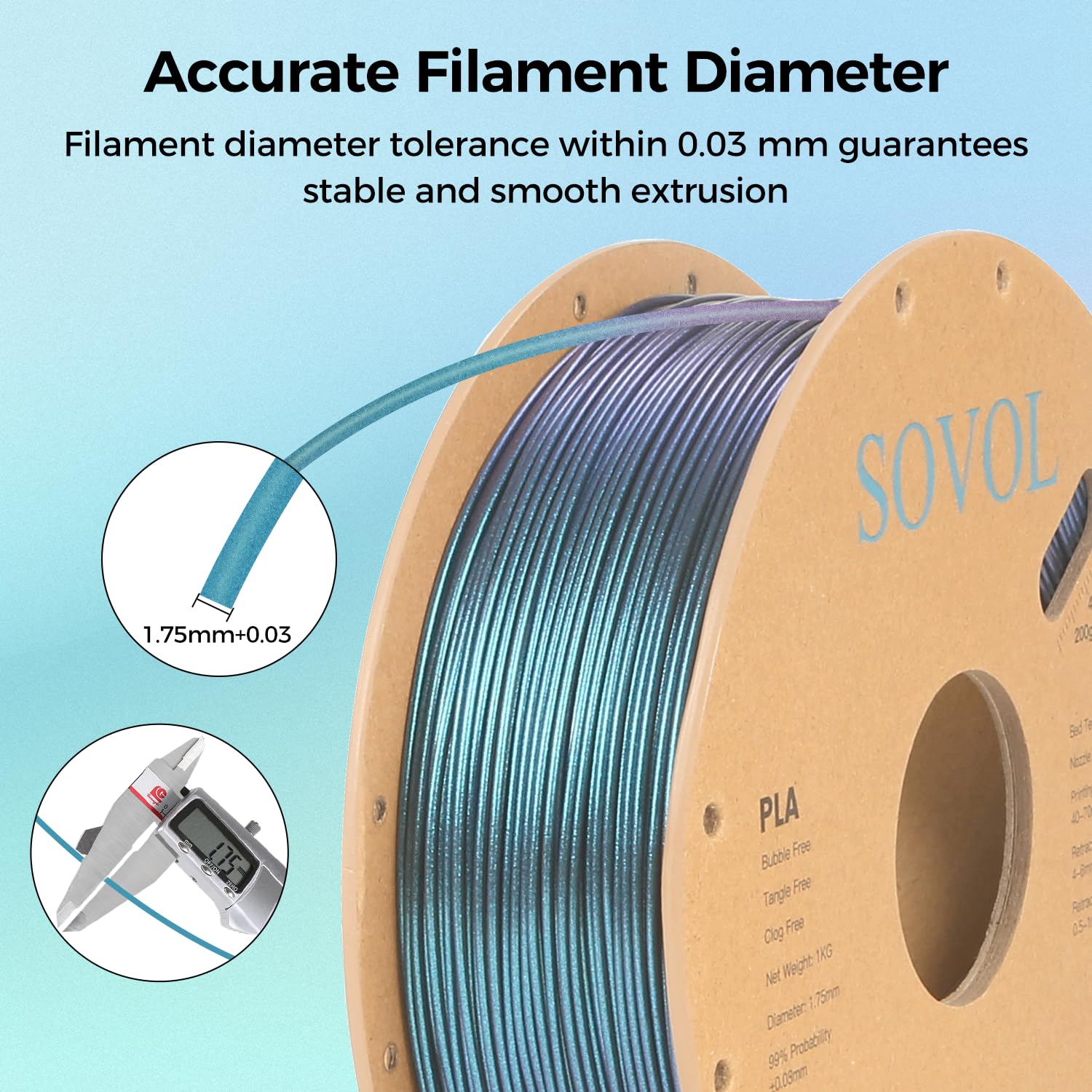 Sovol Silk Pla Filament With Blue Glitter 1Kg 1.75Mm, Color Changeable 3D Printer Filament 2.2Lbs, Chameleon Shiny Pla Material