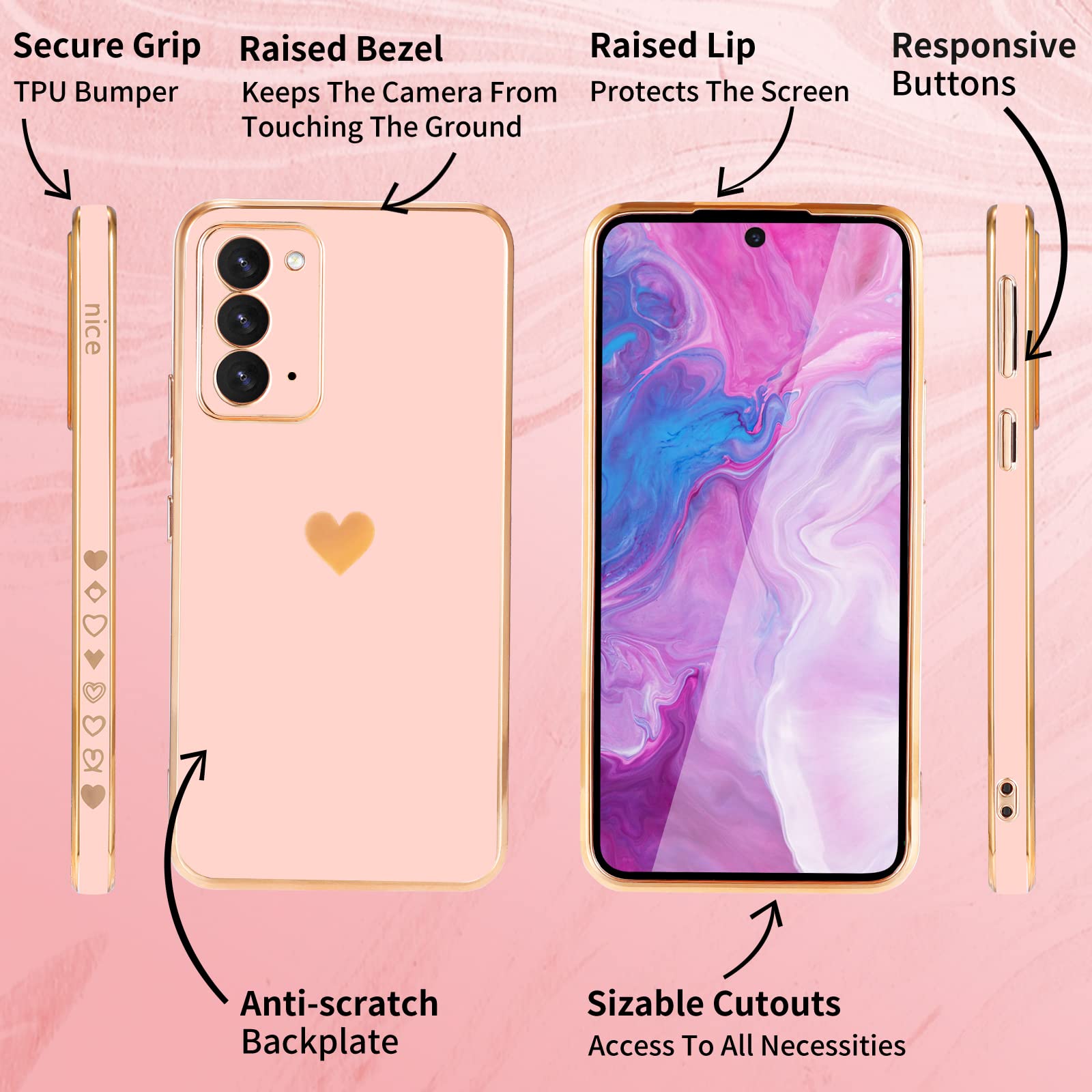 Shorogyt (3In1 Heart Case For Samsung Galaxy Note 20 5G/4G 6.7 Inch Women Cute Aesthetic Love Hearts Pattern Girls Gold Luxury G