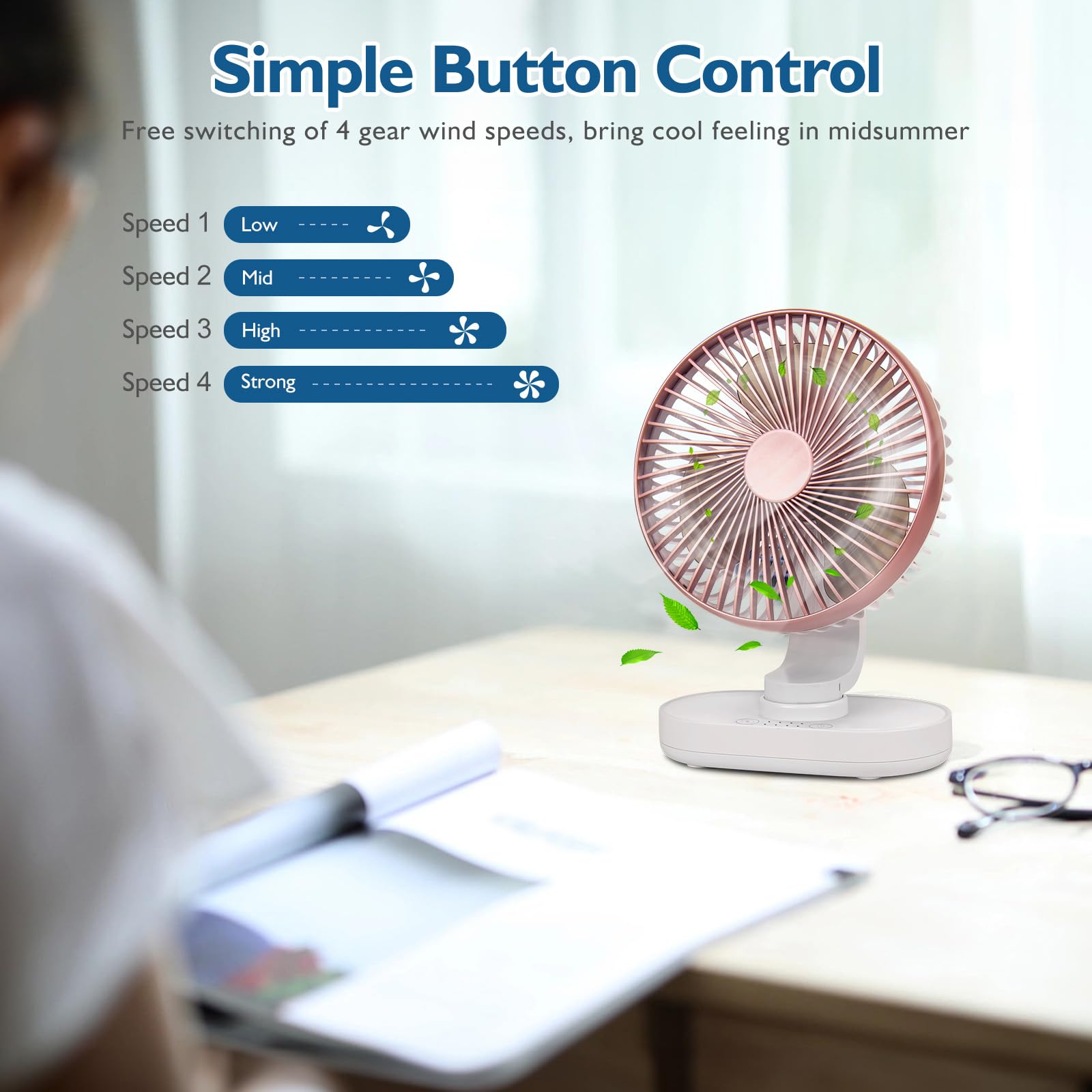 Conbola Small Desk Fan For Bedroom, 4000Mah Battery Powered Rechargeable Fan, 90 Vertical Manual + 120 Oscillating Fan, 4 Speeds