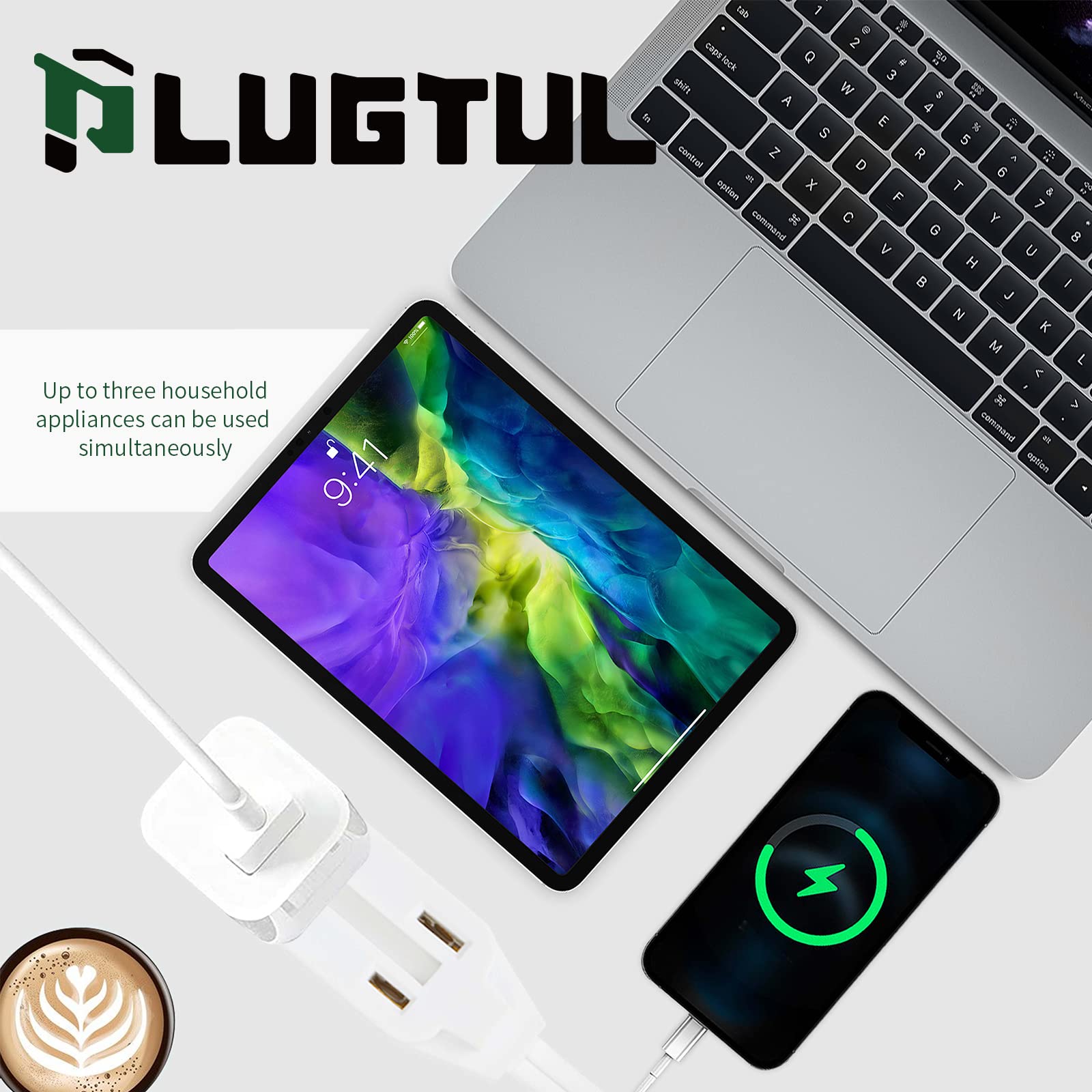 Plugtul Indoor White Extension Cord 15 Feet, 3 Outlet Household Extension Cord, 2 Prong, 16 Gauge, 3 Polarized Outlets With Safe