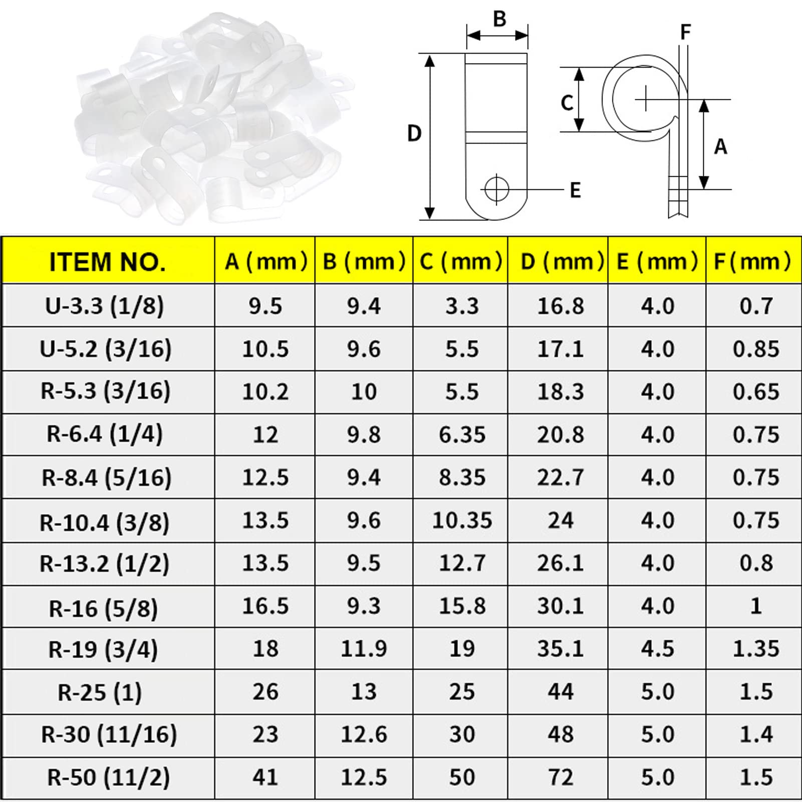 Teansic 200Pcs White Nylon R Type Cable Clamp Fastener 1/2 Inch Plastic Wire Clips Clamps Fasteners Assortment For Cable Conduit
