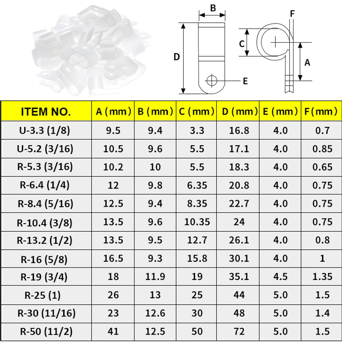 Teansic R-Type Cable Clamp Fastener IC327 Nylon White 1/2 Inch ...