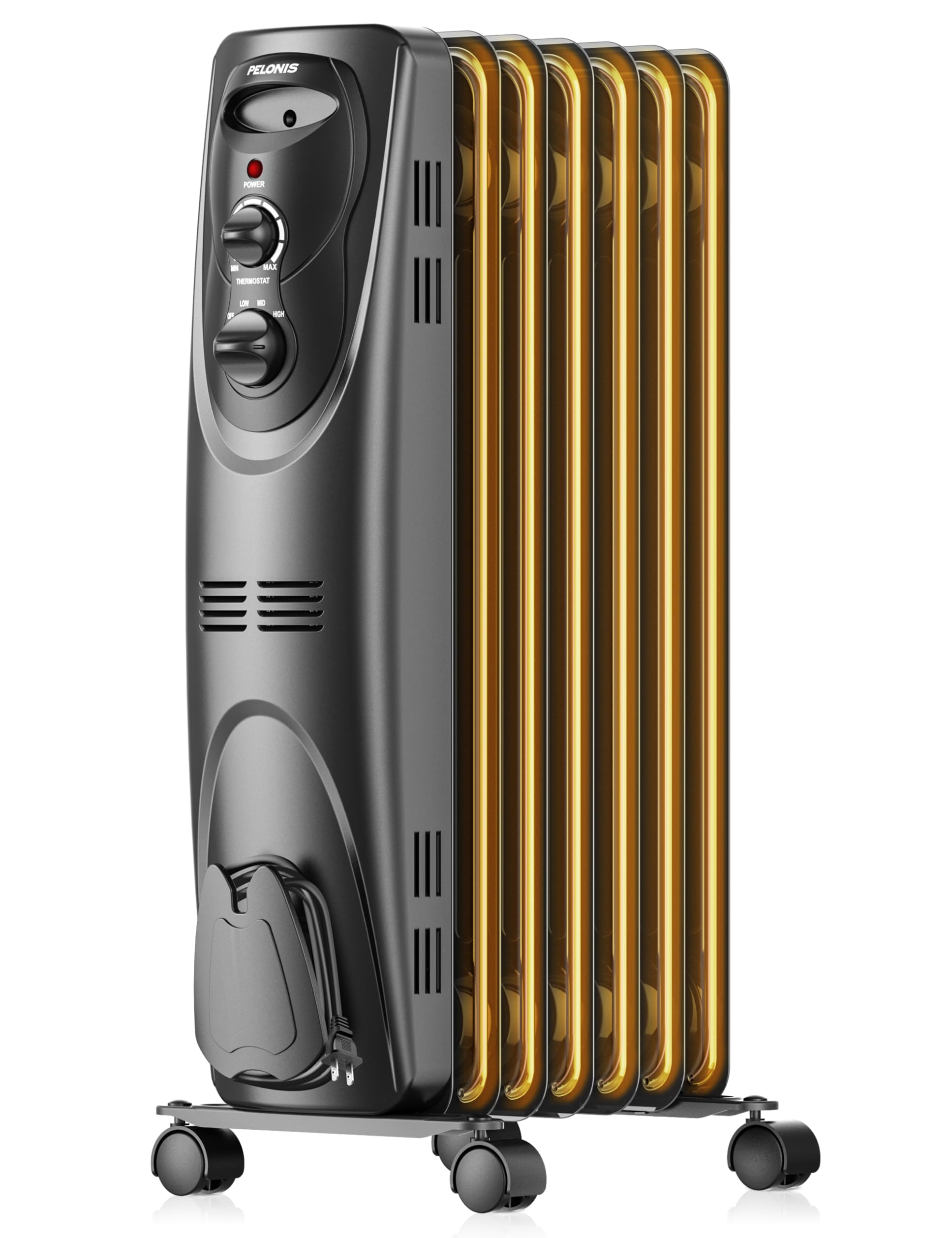 Pelonis Oil Filled Radiator Heater For Indoor Use Large Room Safe With Thermostat, 1500W Energy Efficient Quiet Space Heater, 3