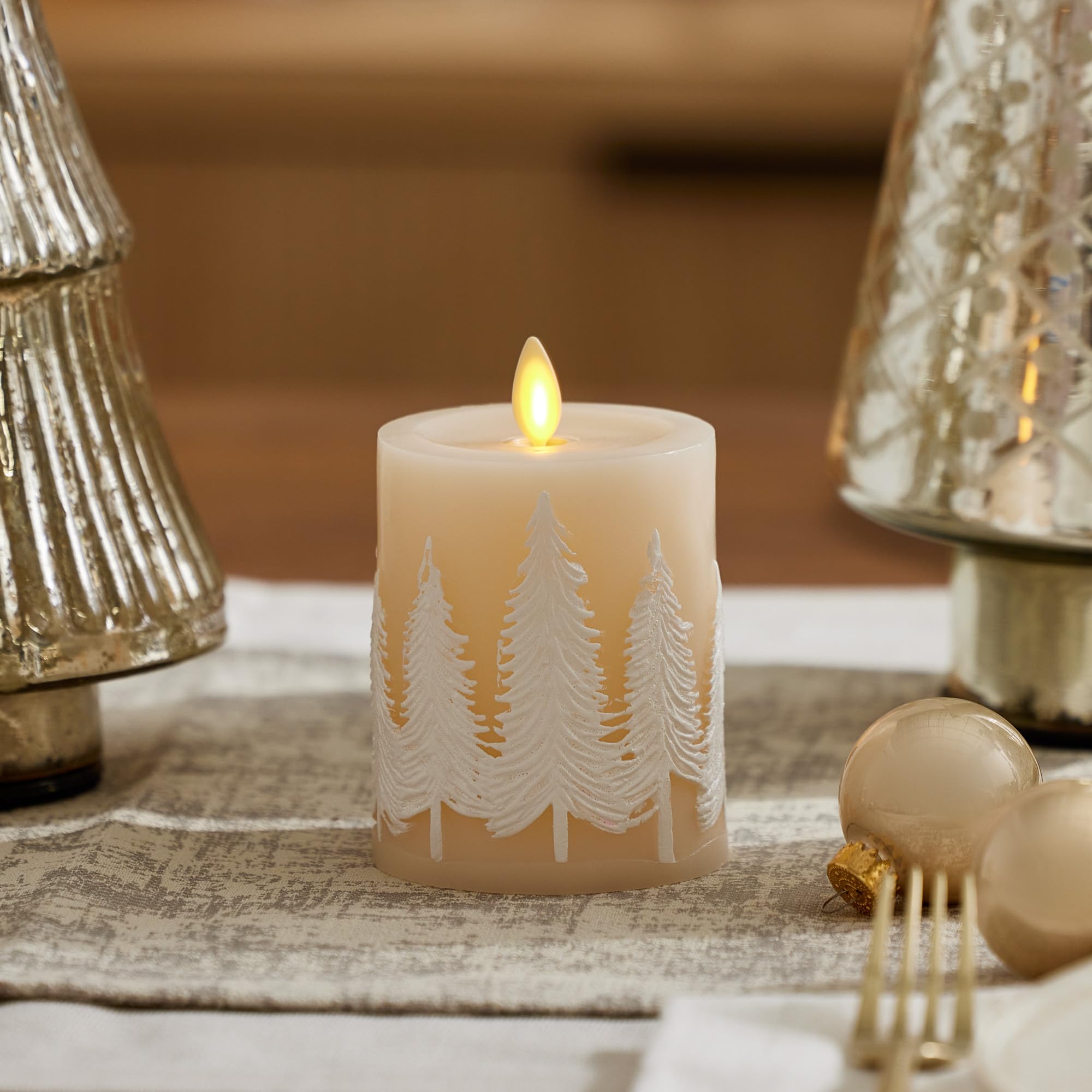 Luminara White Swan Embossed Trees Flameless Led Candle, 3.2'' X 4.5'', Moving Flame, Safe Timer Feature, Real Wax, Battery Oper