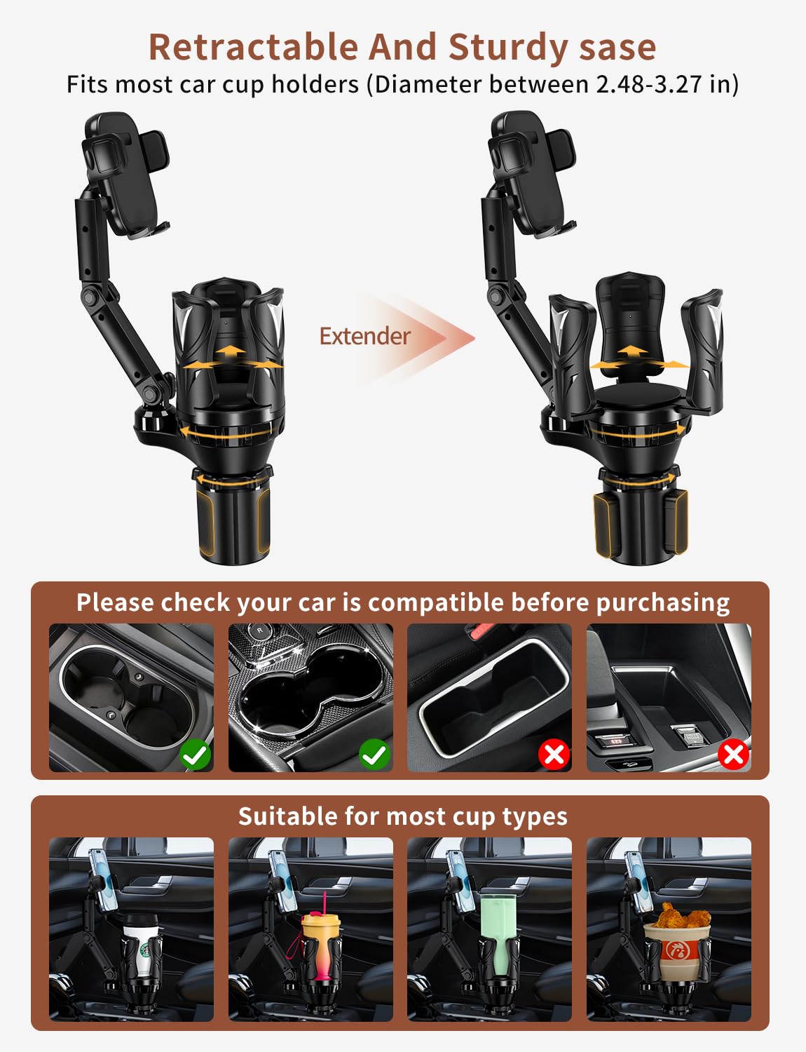 Phone Holders For Your Car, Adjustable Car Cup Holder Expander With Rubber Grip, Secure Hold, Multi-Scenario Use For Drivers, Co