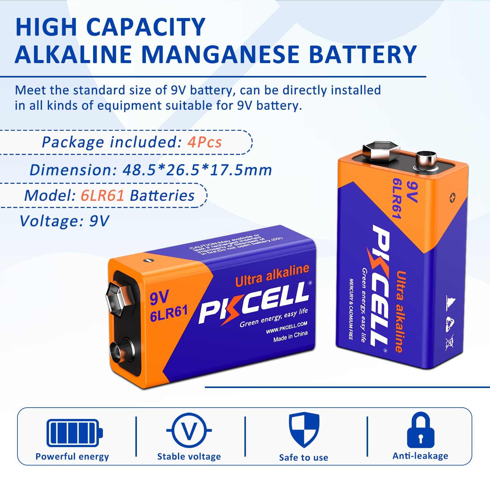 Pilocel 9V Batteries 9V 6Lr61 Battery 9 Volt Battery Alkaline Battery Disposable Batteries For Smoke Detector (4 Counts)