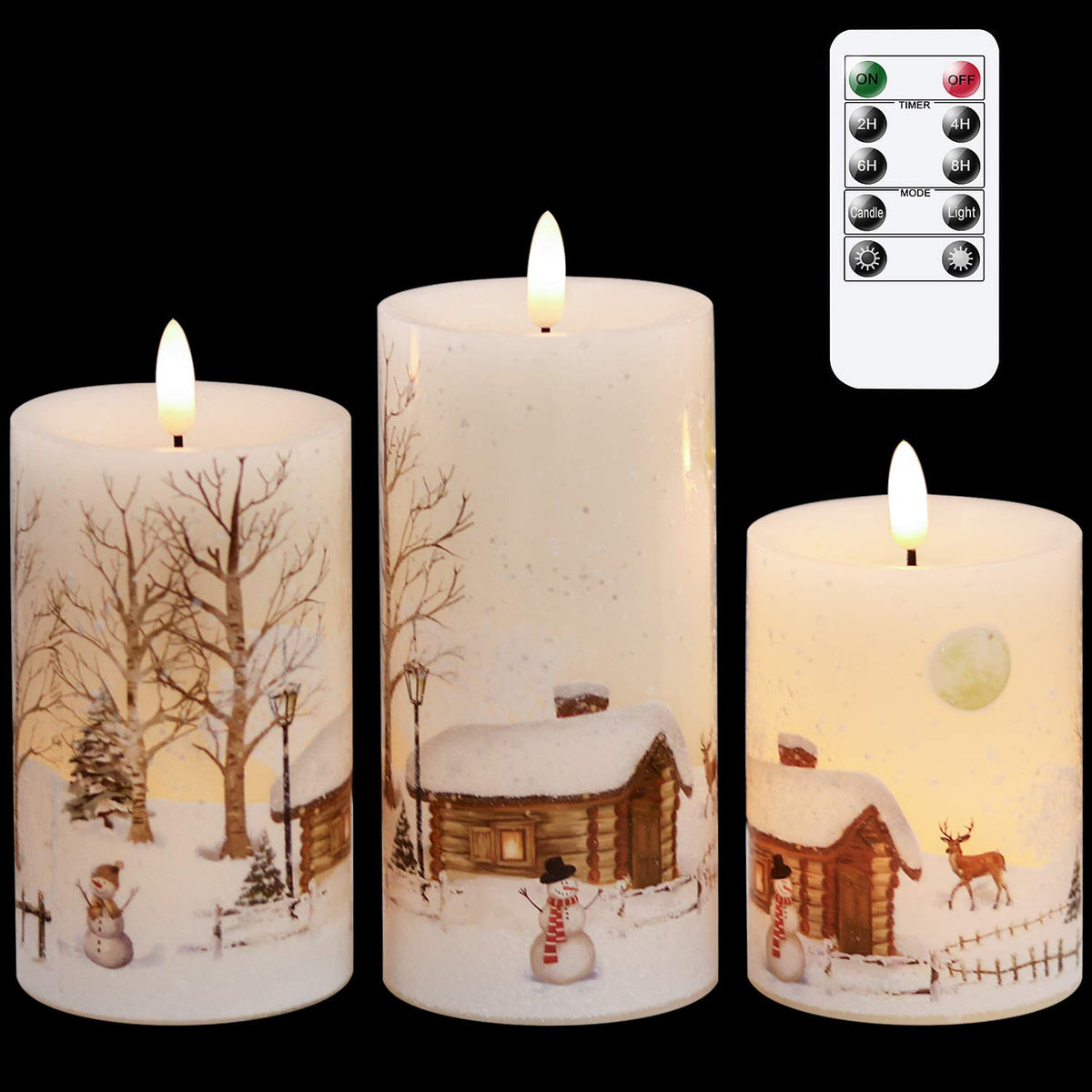Genswin Christmas Snowman Battery Operated Candles Flameless Flickering With Remote Timer, 3D Wick Real Wax Led Pillar Candles W