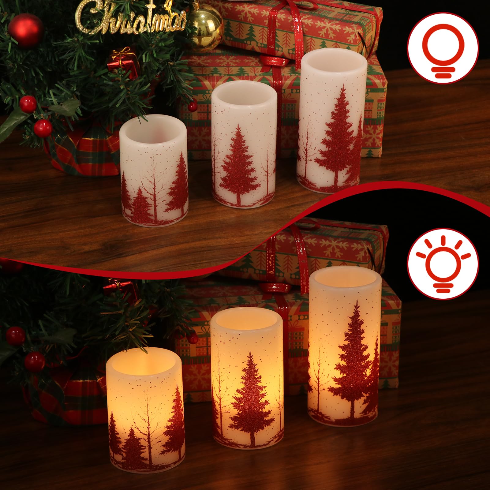 Dromance Christmas Tree Flameless Flickering Candles Battery Operated With 6H Timer, 3 Pack Real Wax Warm Light Led Pillar Candl