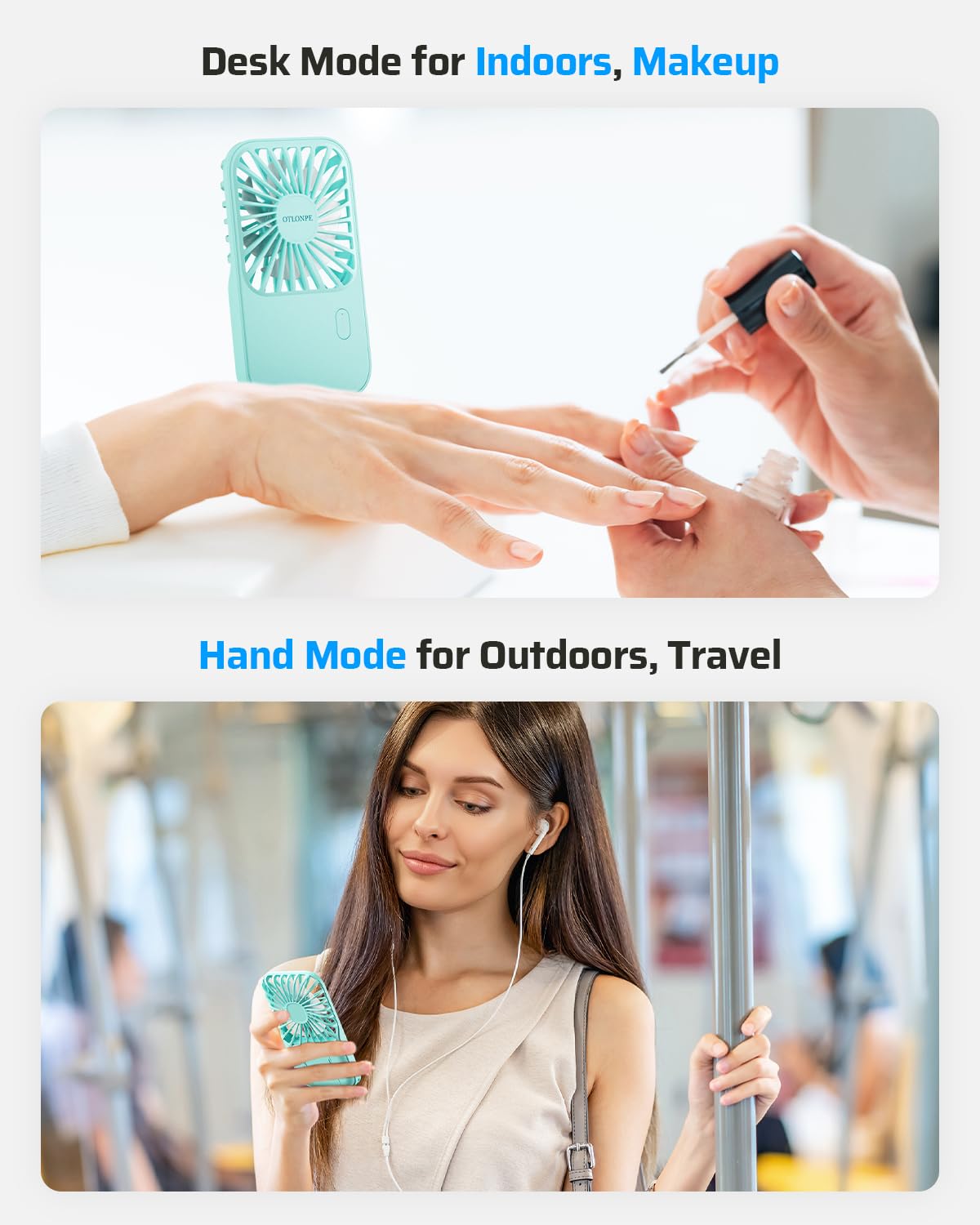 Otlonpe Mini Portable Handheld Fan, Small Rechargeable Pocket Travel Fan With Hand Held Desktop Modes, Foldable Stand, Lanyard,