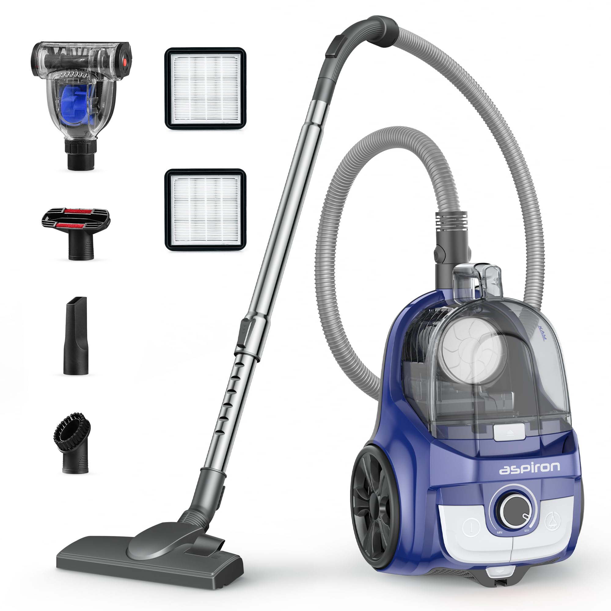 Aspiron Canister Vacuum, Upgraded 1600W Bagless Canister Vacuum Cleaner, Auto Cord Rewind, Extra HEPA Filter, 4Qt Large Capacity