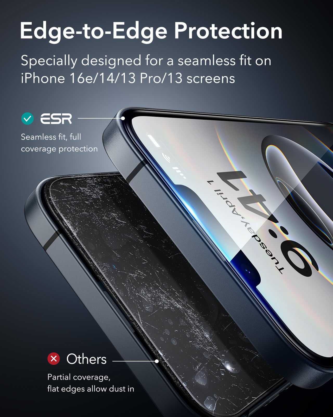 Esr For Iphone 14  13  13 Pro Screen Protector, Easy Installation Frame, Military Grade Protection, Ultra Toughscratch Resistant
