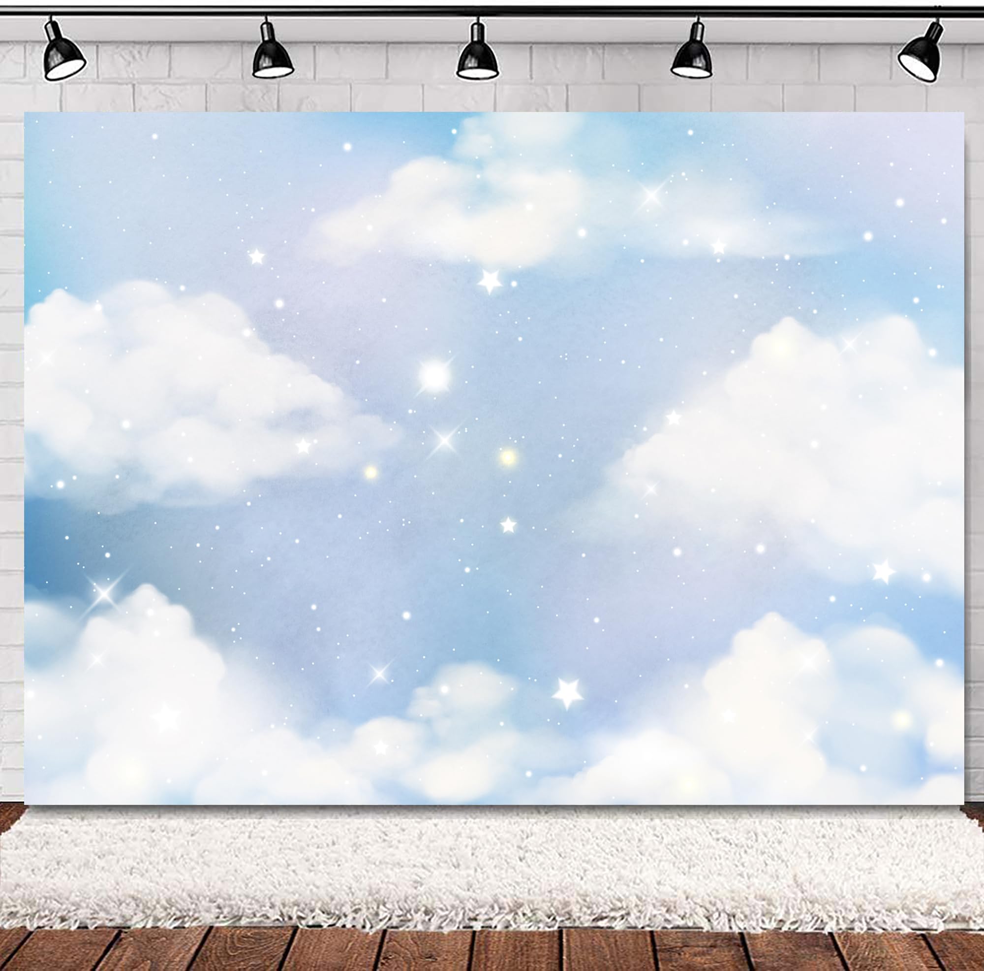 Svbright Blue Sky Backdrop 7Wx5H White Cloud Banner Cartoon Pastel Birthday Twinkle Twinkle Little Star Shining Boys Kids Baby S