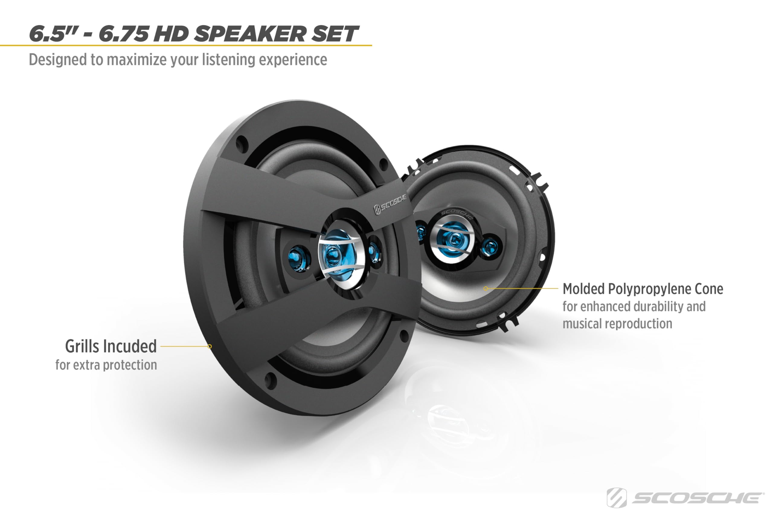 Scosche HD6504   High Performance 6.5' 4 Way Full Range Car Door Speakers Set for Enhanced Car Audio Experience   200 Watts Max   Fits 6 1/2' and 6 3/4' Factory Locations   1 Pair