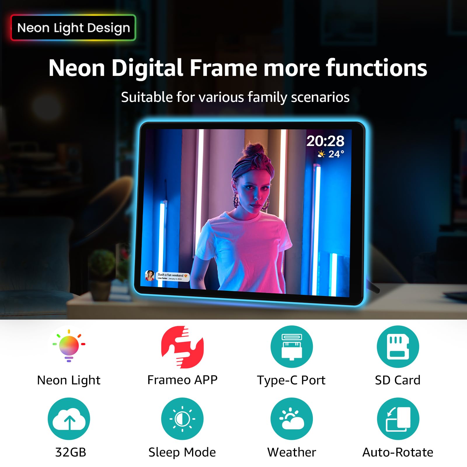 Apolosign 9.7'' Neon Light Digital Frame, 2K Resolution, The Best Digital Picture Frame For Gifting | With 2.5D Glass Ips Touchs