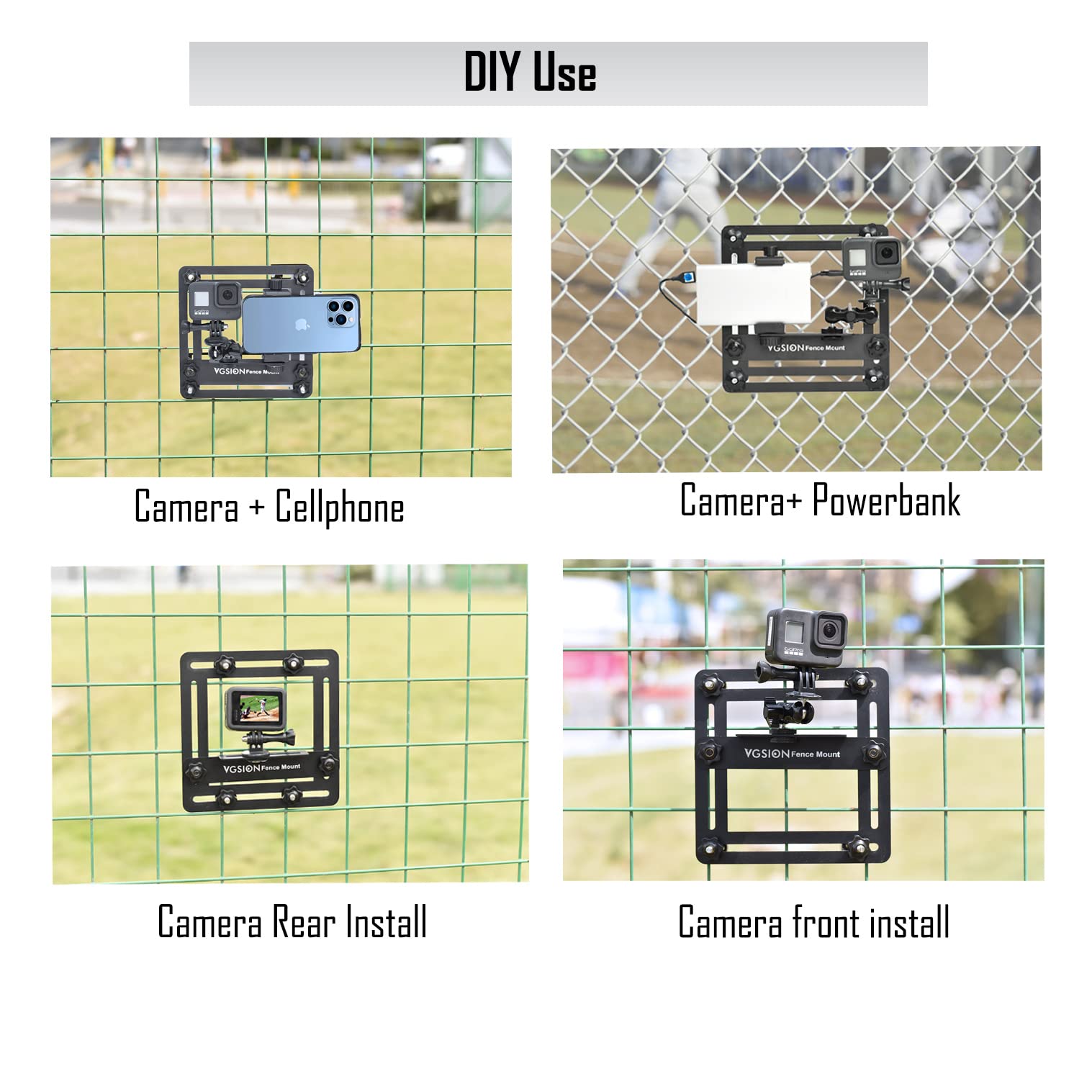 Vgsion Camera Baseball Fence Mount For Gopro Hero 13, Mevo Start, Action Camera, Cell Phone, Ajustable, Secure Attachment,Support Recording While Charging Compatible With Insta360 X4, Iphone