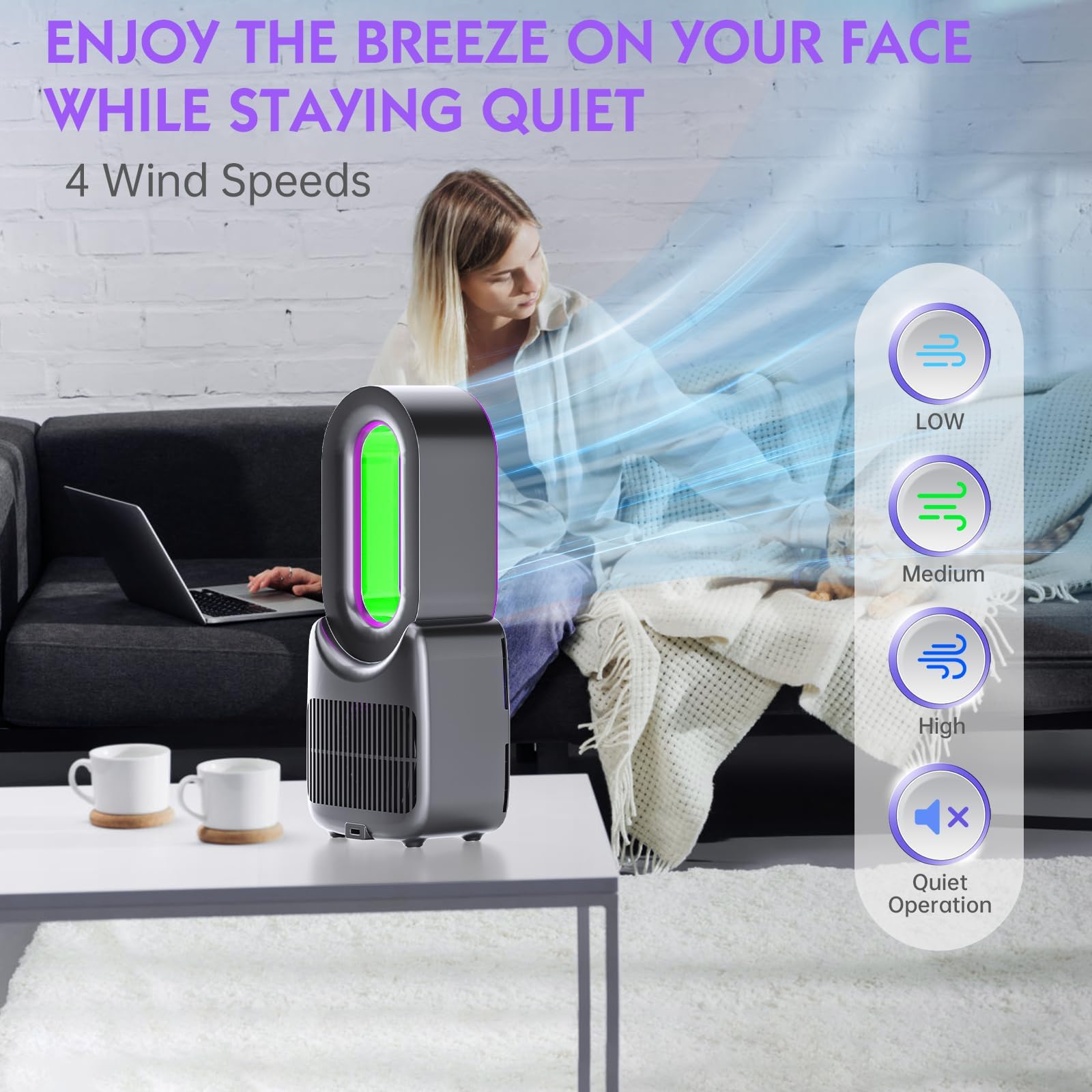 Misby 5 Color Personalized Led Light Rechargeable Desk Fan, Usb Bladeless Table Fan Of 11.8 Inch, Purple Desk Fans Small Quiet F