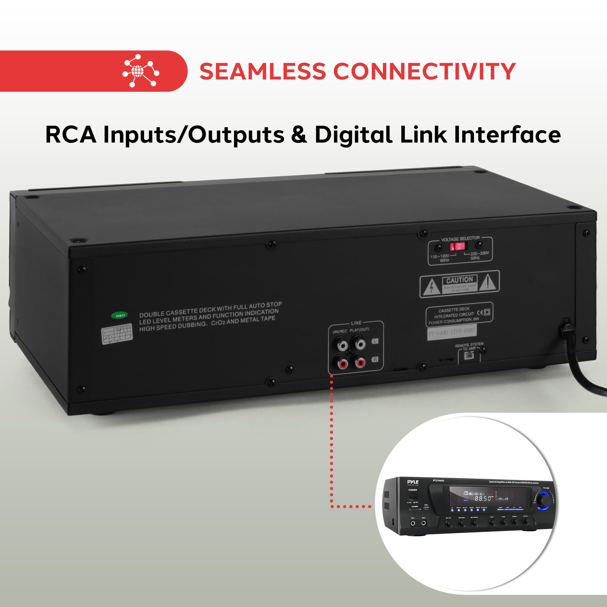 Pyle Home Digital Tuner Dual Cassette Deck | Media Player | Music Recording Device With Rca Cables | Switchable Rack Mounting Ha