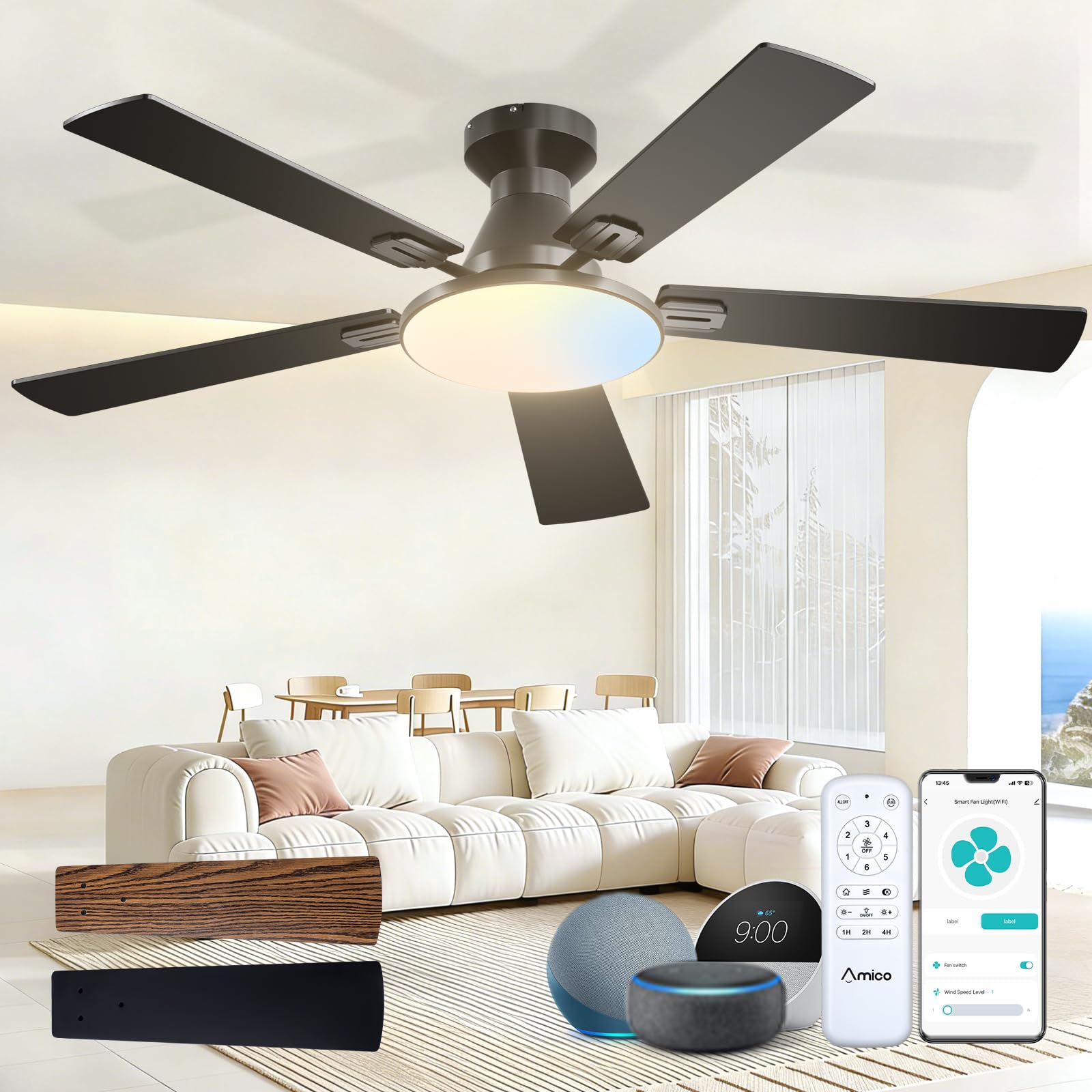 Amico Ceiling Fans with Lights, 52 inch Smart Ceiling Fan with Remote/APP/Alexa Control, Flush Mount, Reversible DC Motor, 5 Bla