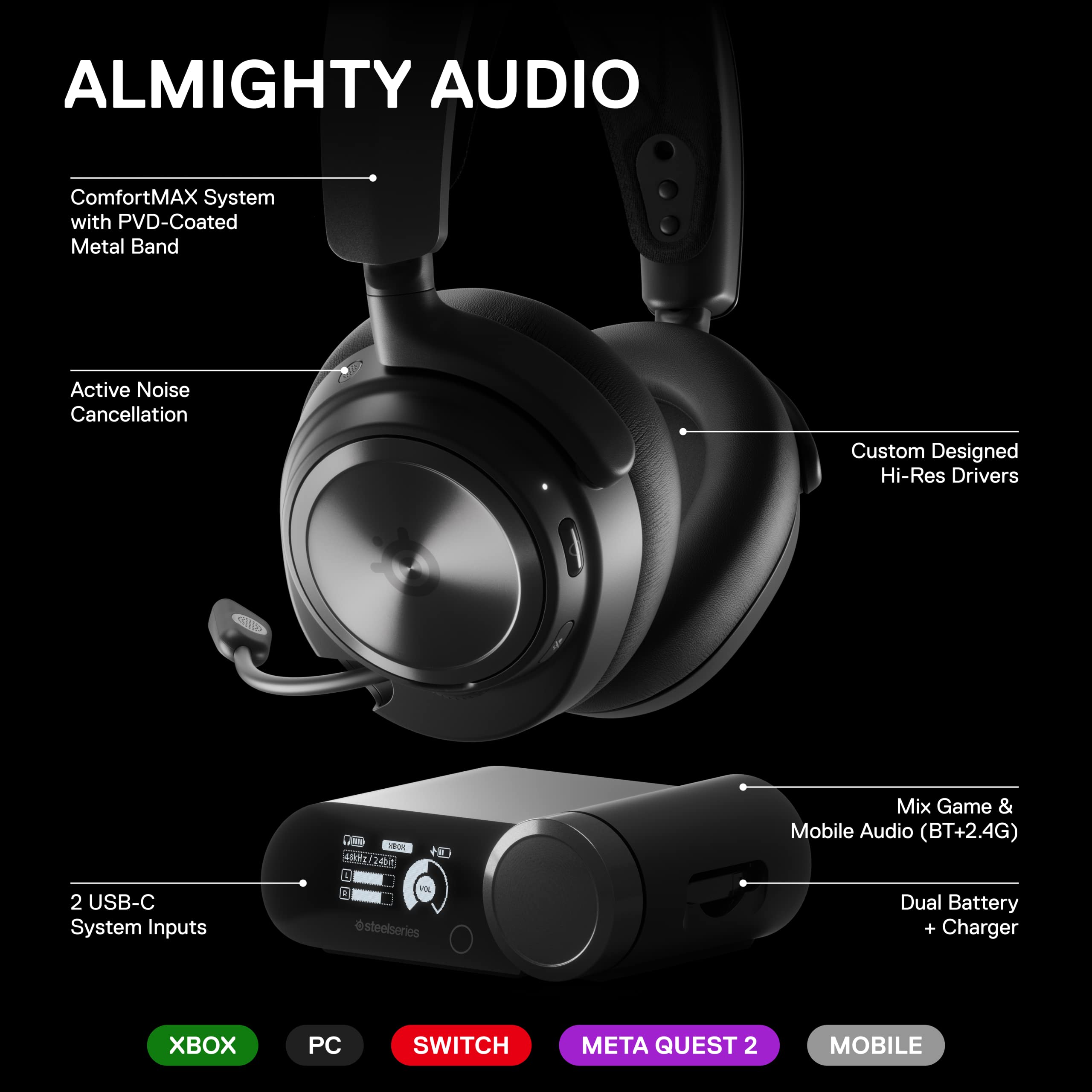 Steelseries Arctis Nova Pro Wireless Xbox Multi System Gaming Headset   Premium Hi Fi Drivers   Active Noise Cancellation   Infi